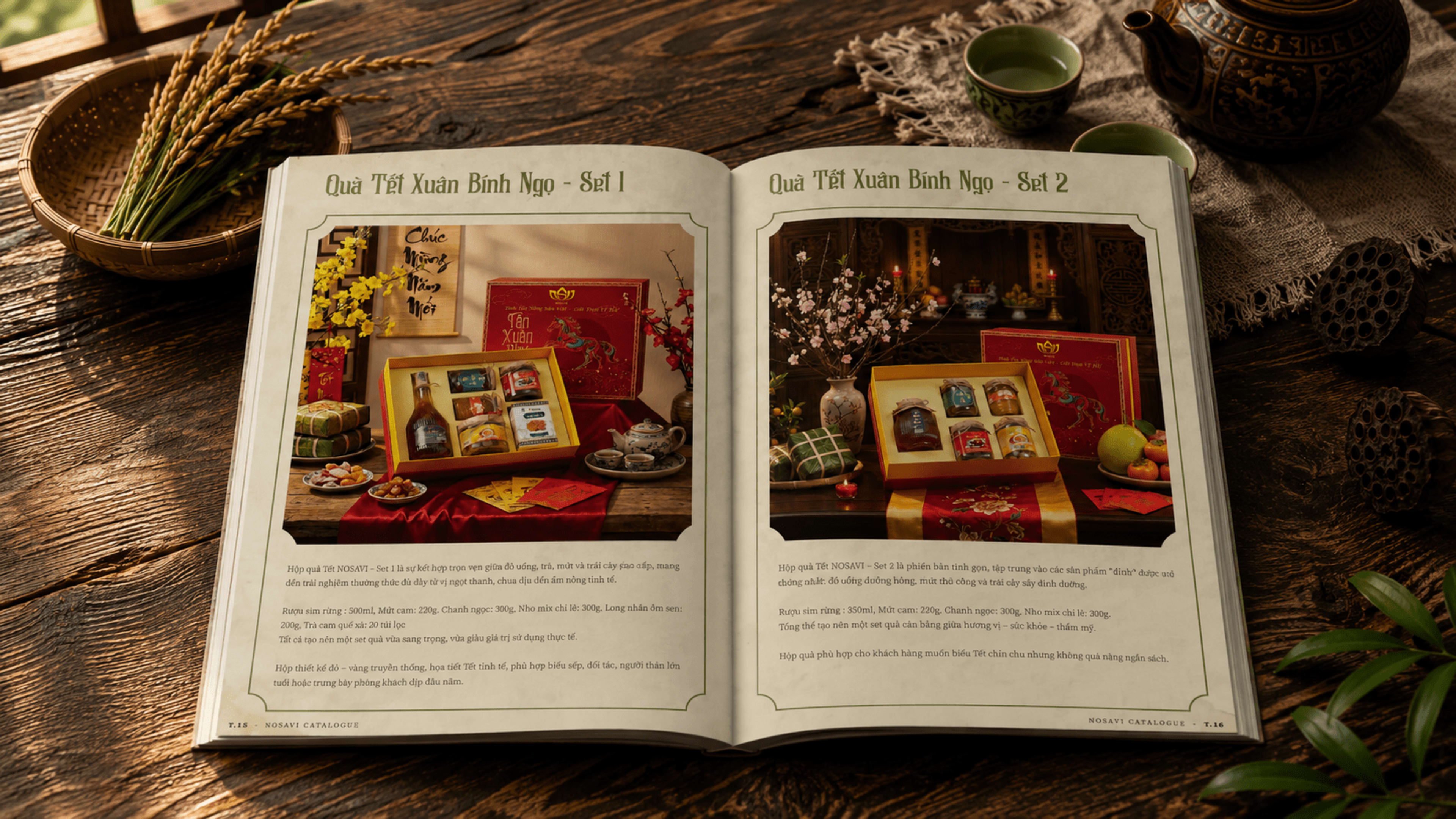 Quà Tết Xuân Bính Ngọ — Hộp Set 1 & Set 2 — rượu, mứt, hạt điều, trà
