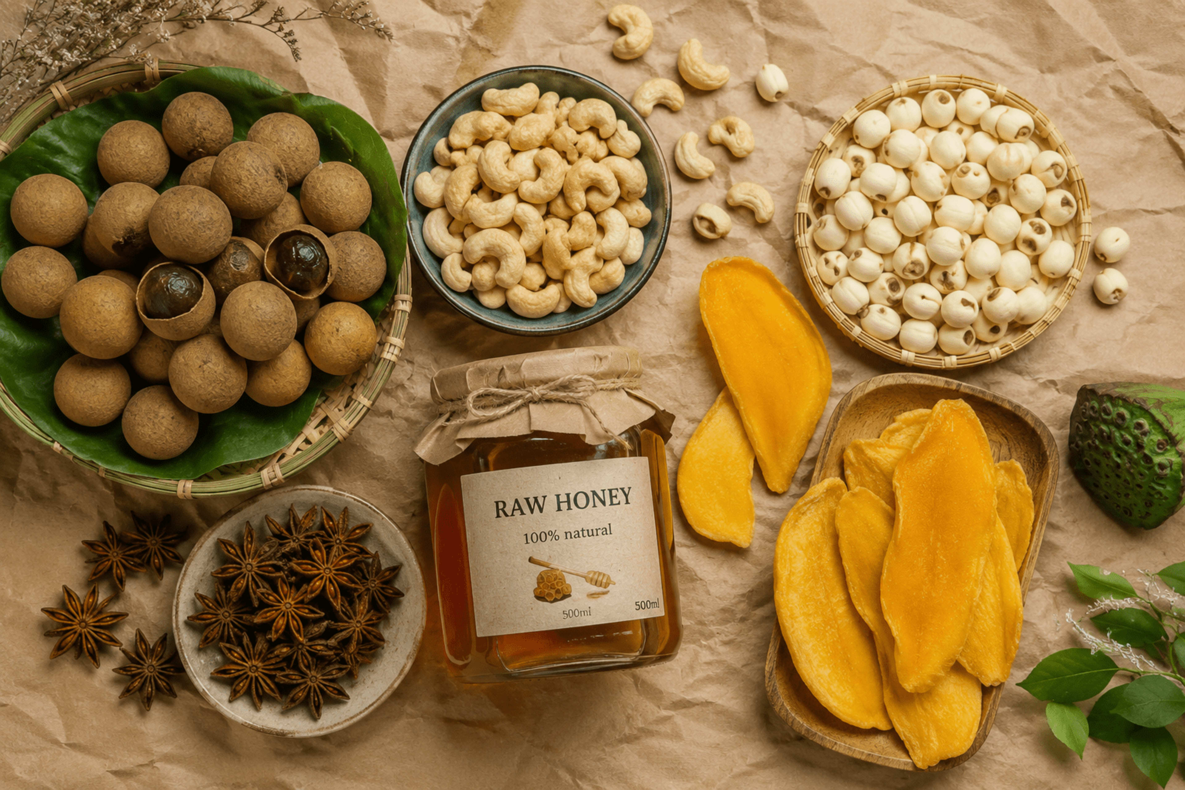 Đặc sản phơi khô: longan, sen, điều, mật