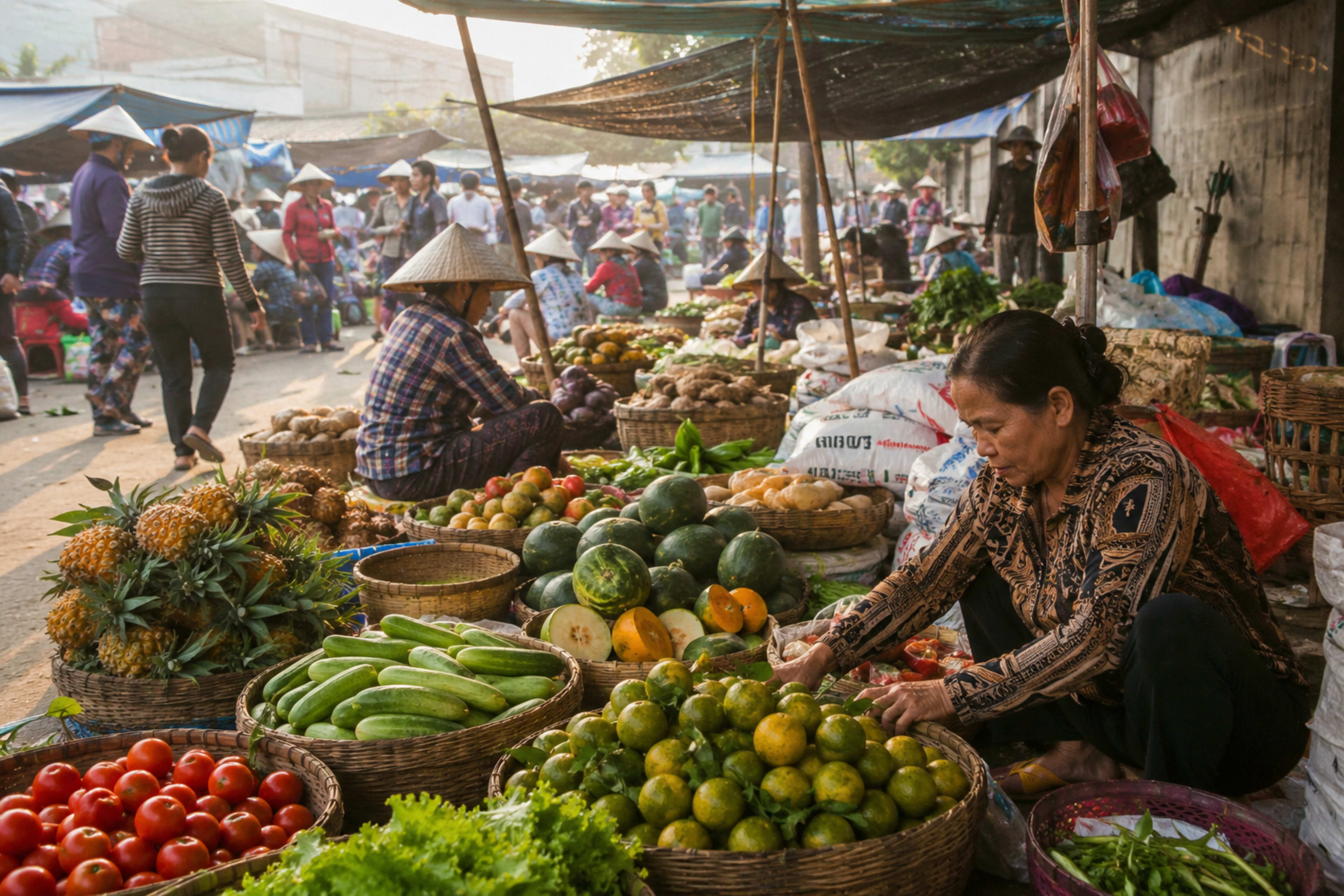 Phiên chợ quê sớm mai, đầy ắp giỏ hàng