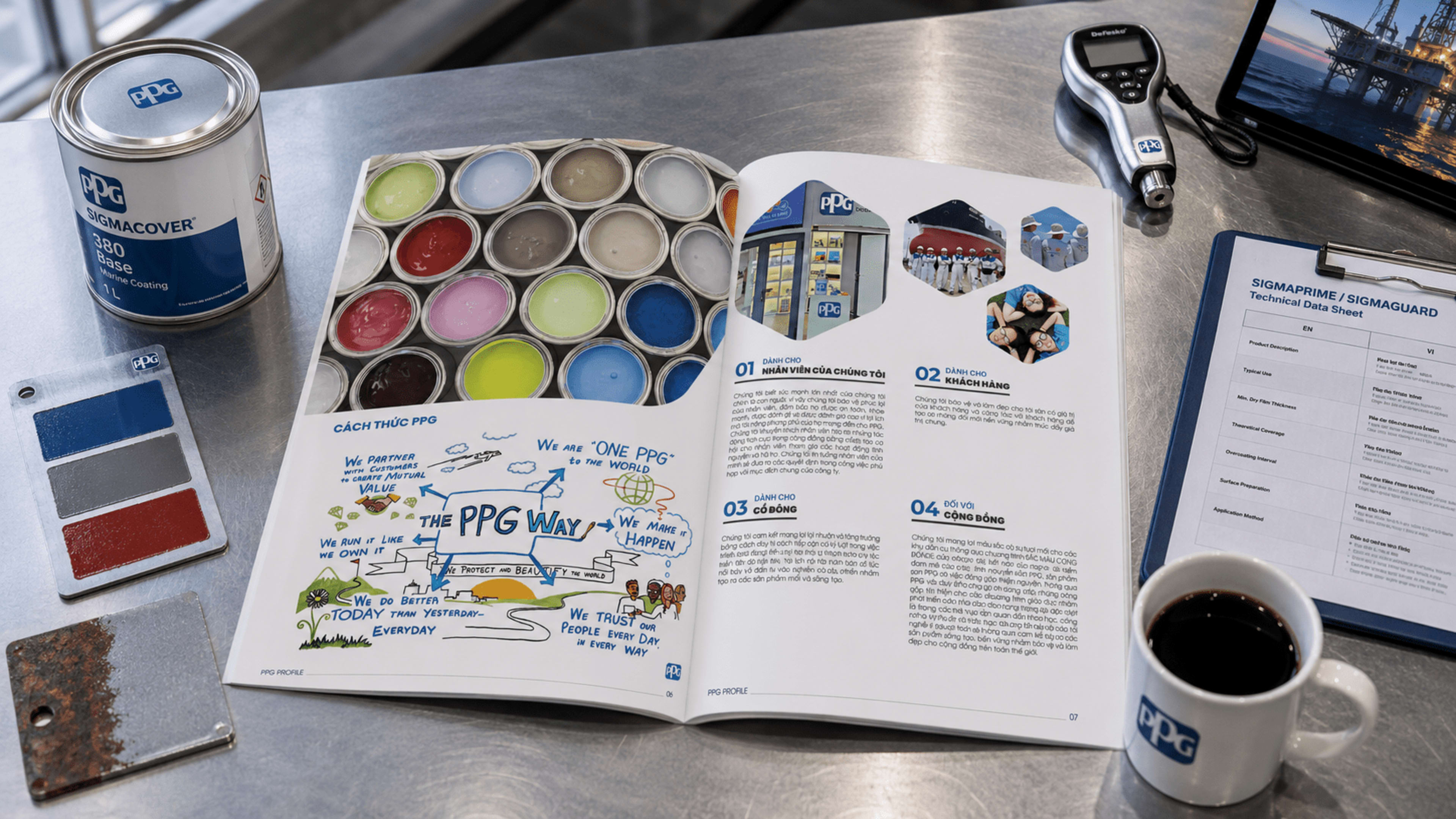 Cách thức PPG (THE PPG WAY) — 7 nguyên tắc: We are ONE PPG, We Make it Happen, We Trust our People, We Do Better Today, We Run it Like We Own It, We Partner with Customers, We Protect and Beautify the World · 4 cam kết stakeholder: Nhân viên, Khách hàng, Cổ đông, Cộng đồng