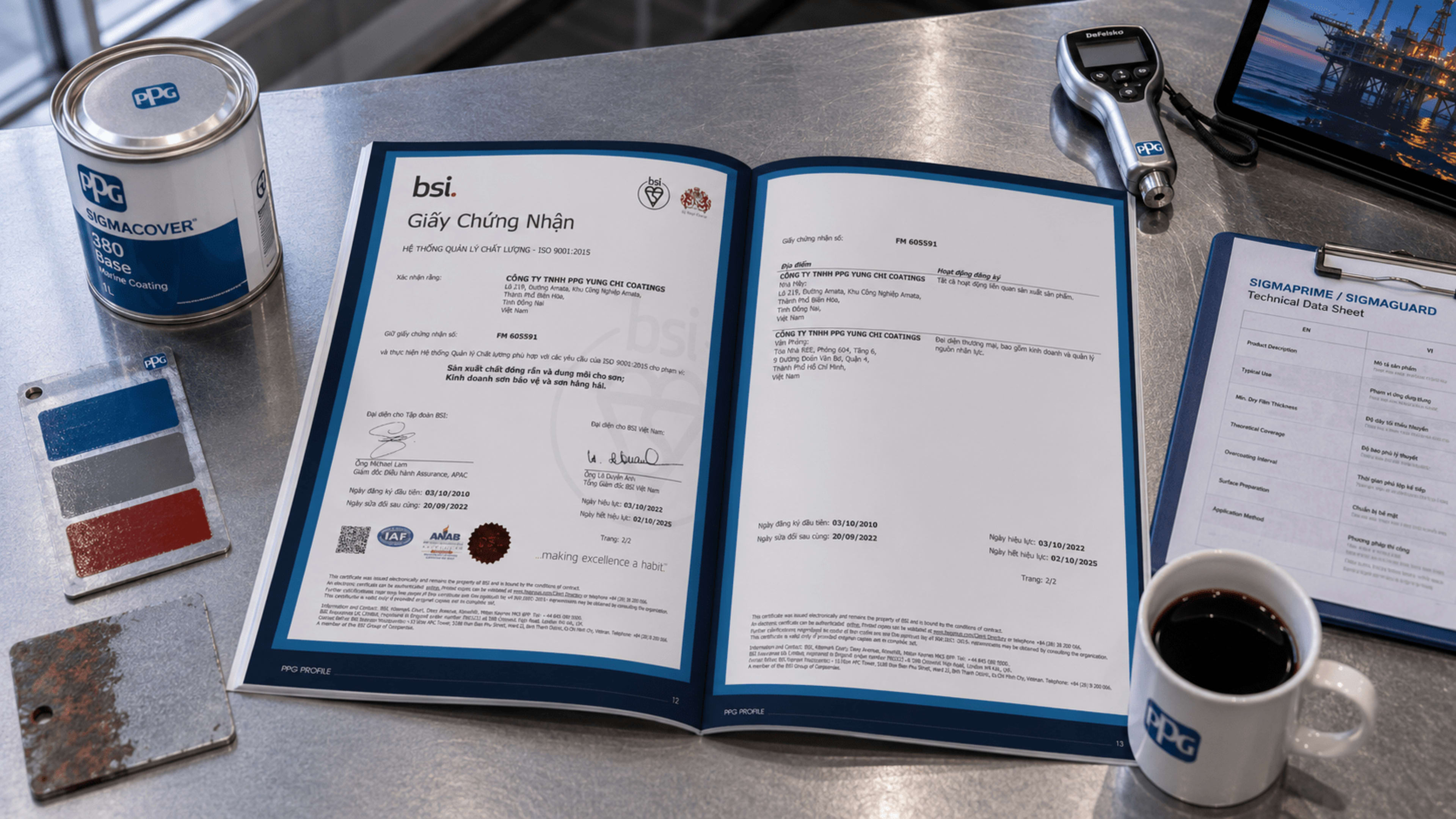 Giấy chứng nhận BSI ISO 9001:2015 (FM 605591) PPG Yung Chi Coatings — Sản xuất chất đóng rắn và dung môi cho sơn, kinh doanh sơn bảo vệ và hàng hải · Hiệu lực 03/10/2022 - 02/10/2025, 2 địa điểm: Nhà máy Amata + Văn phòng REE Q.4