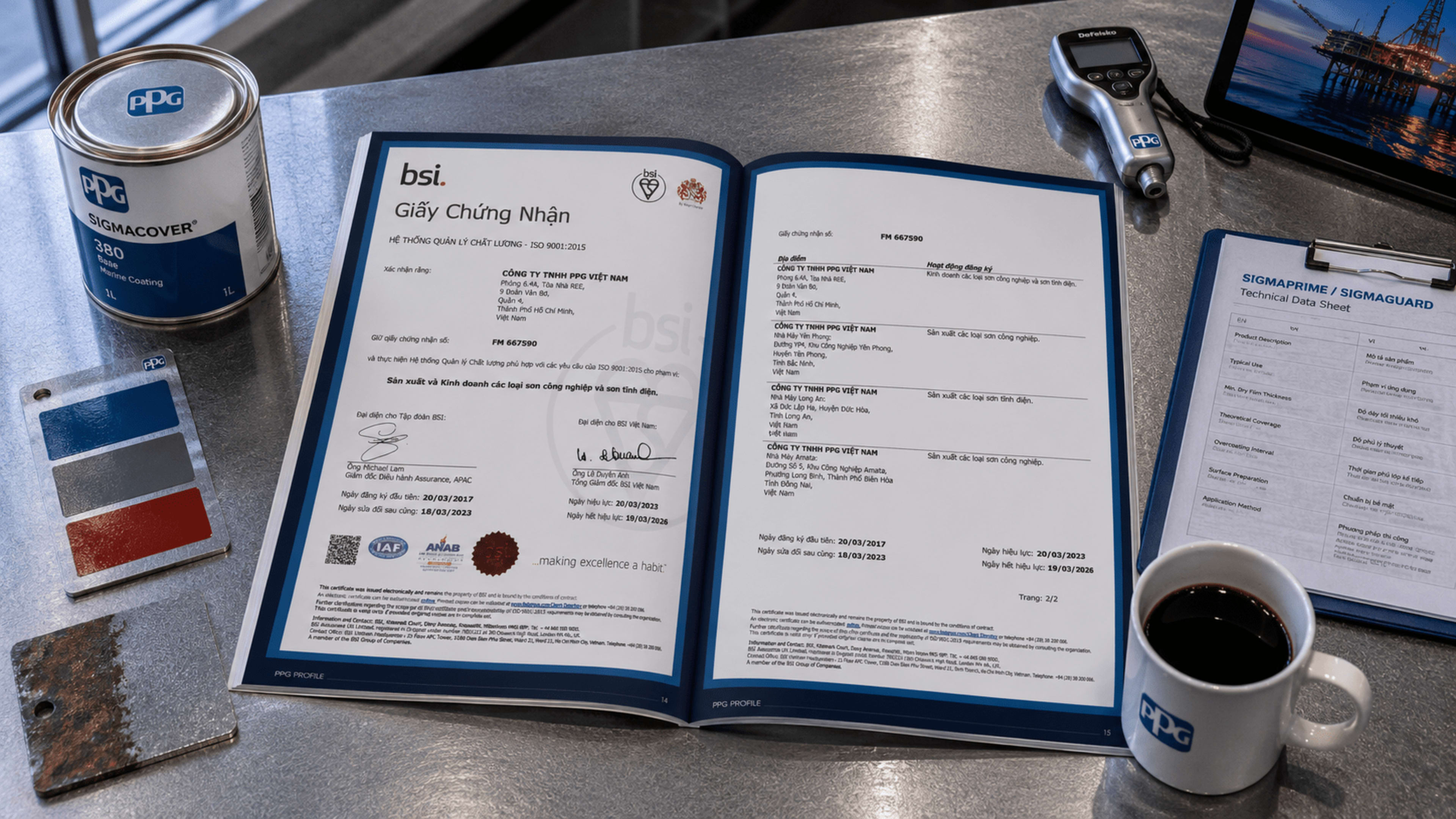 Giấy chứng nhận BSI ISO 9001:2015 (FM 667590) PPG Việt Nam — Sản xuất sơn công nghiệp + sơn tĩnh điện · Hiệu lực 20/03/2023 - 19/03/2026, 4 địa điểm: VP REE Q.4 + Nhà máy Yên Phong Bắc Ninh + Nhà máy Long An + Nhà máy Amata Đồng Nai