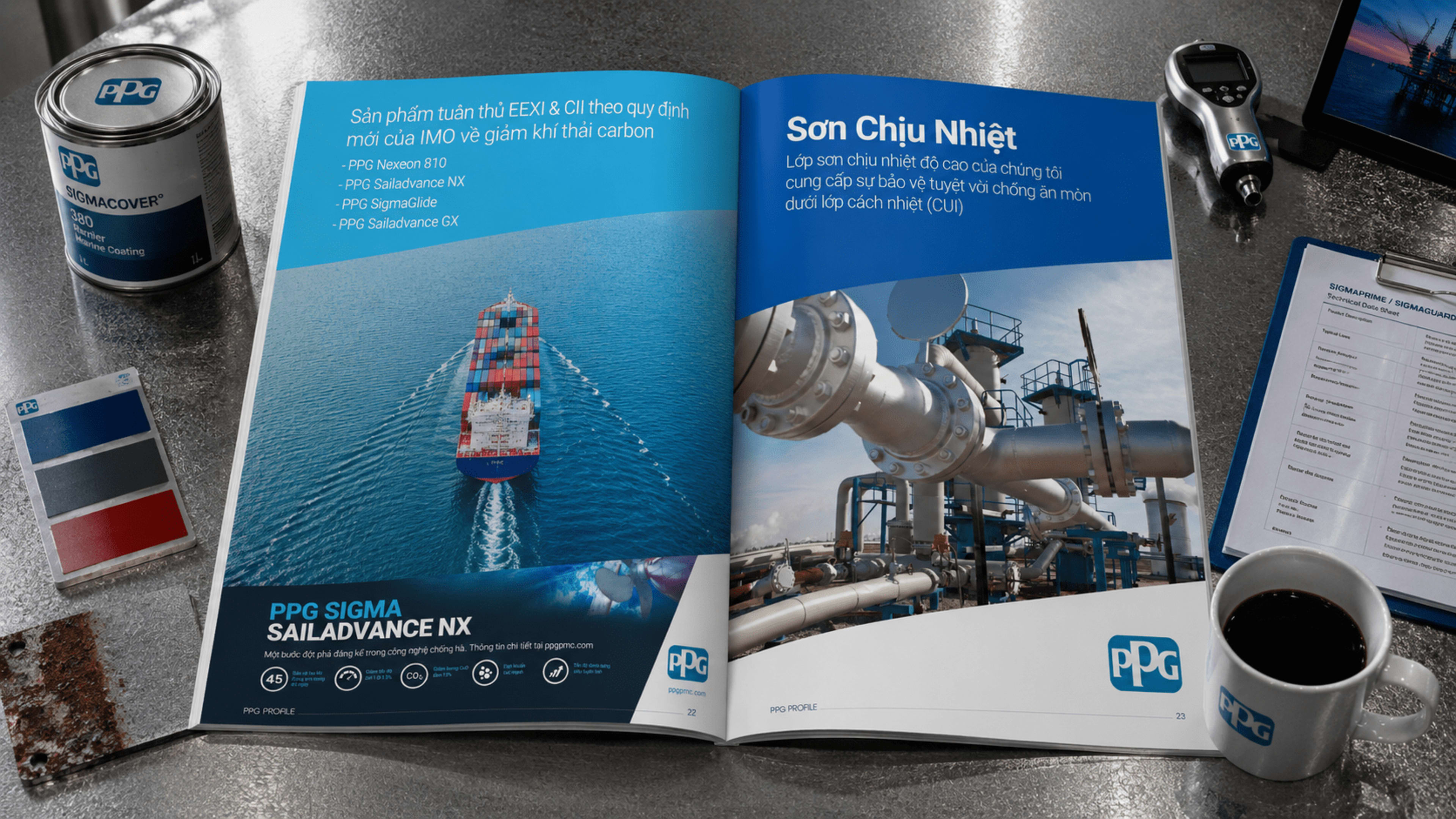 PPG SIGMA SAILADVANCE NX — chống hà công nghệ đột phá, 45° đỉnh giá trị, làm sạch dễ dàng, đáng tin cậy · Sơn Chịu Nhiệt — lớp sơn chịu nhiệt độ cao bảo vệ chống ăn mòn dưới lớp cách nhiệt CUI (Corrosion Under Insulation), ảnh phối cảnh đường ống nhà máy dầu khí