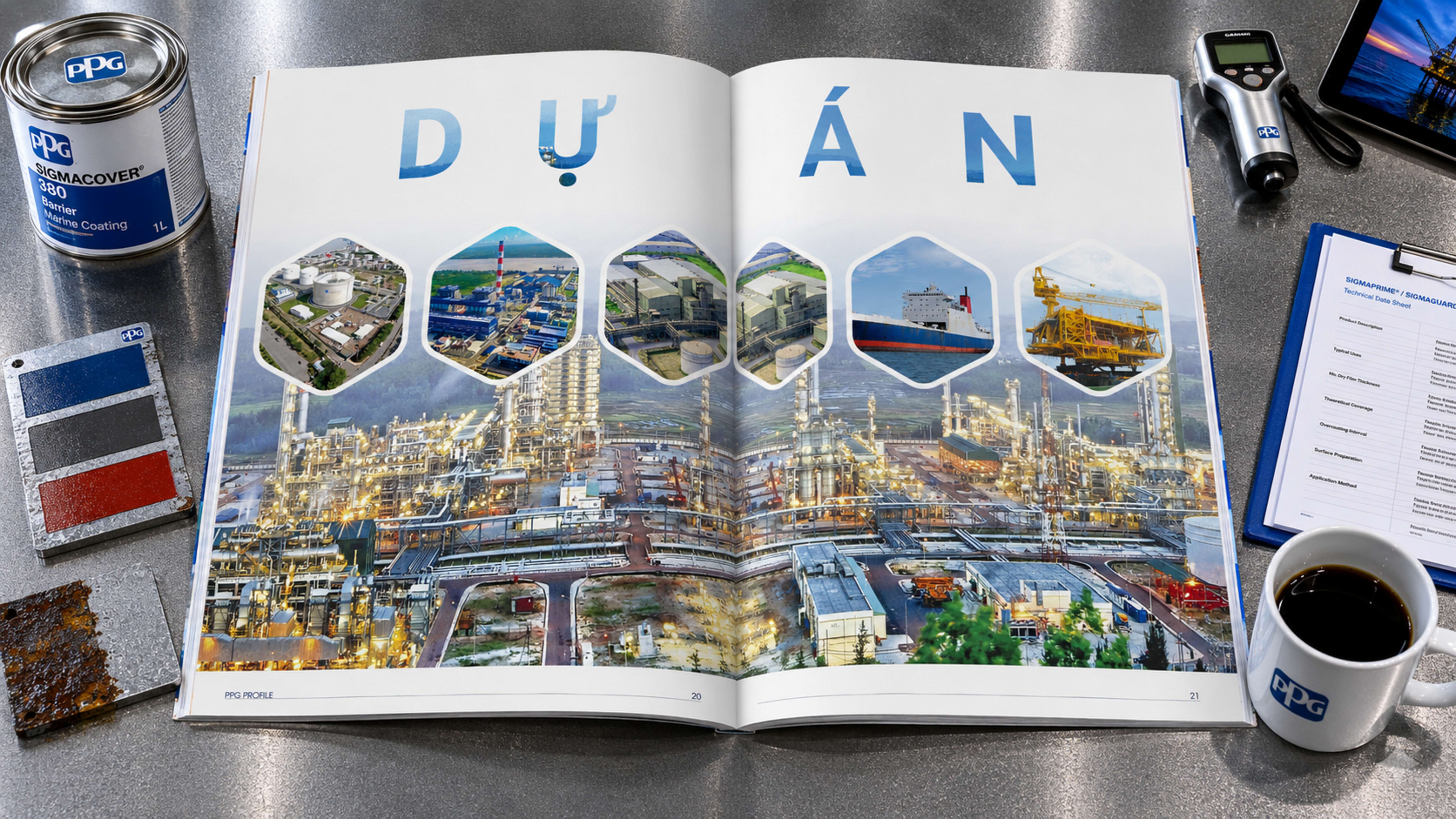 DỰ ÁN — title spread đôi với hexagon ảnh các công trình PPG đã tham gia (refinery, biển khơi, nhà máy điện)