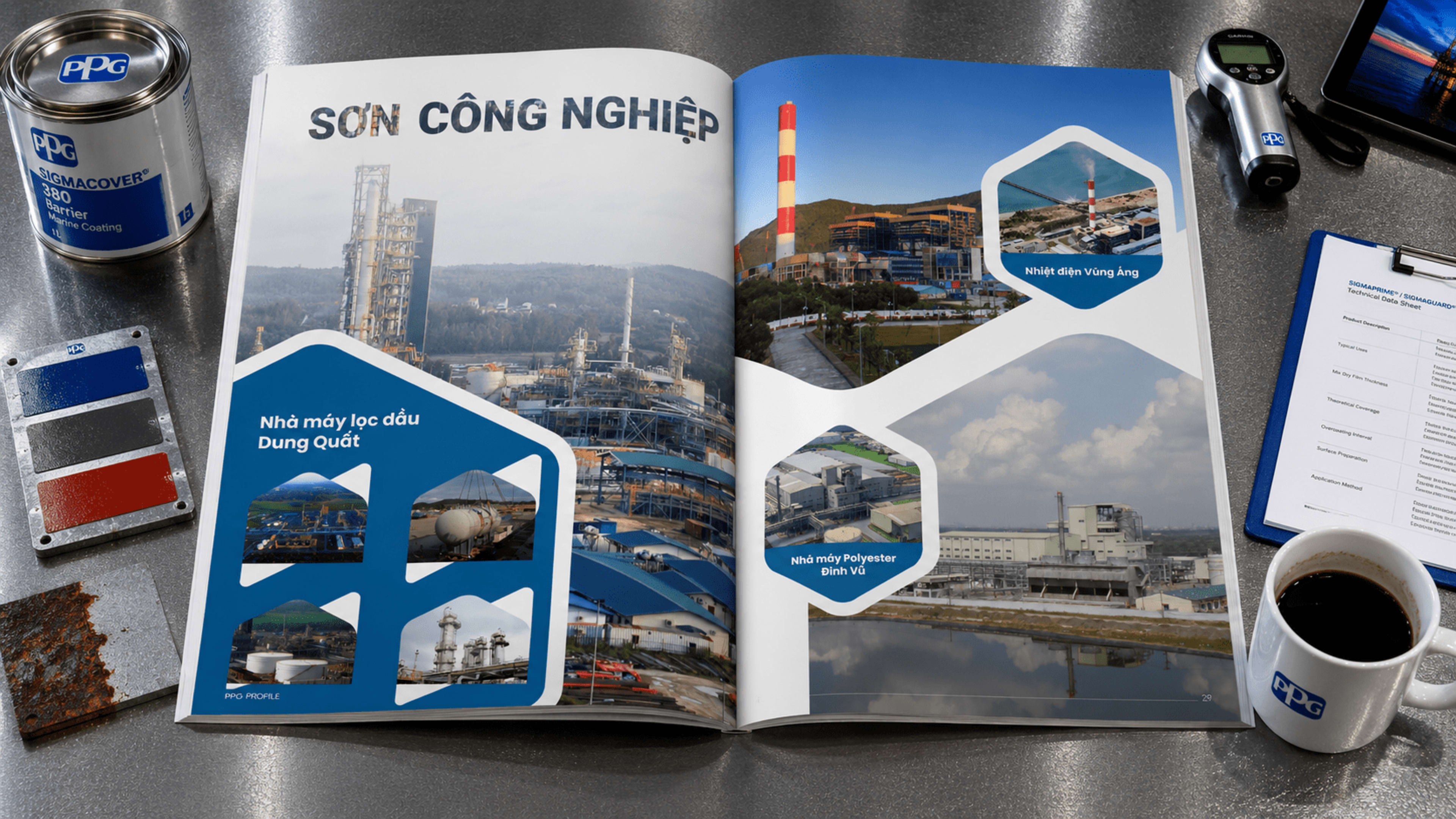 SƠN CÔNG NGHIỆP — Nhà máy lọc dầu Dung Quất (Quảng Ngãi, refinery hexagon photo cluster) · Nhiệt điện Vũng Áng (Hà Tĩnh, tower red-white striped chimney) + Nhà máy Polyester Đình Vũ (Hải Phòng)
