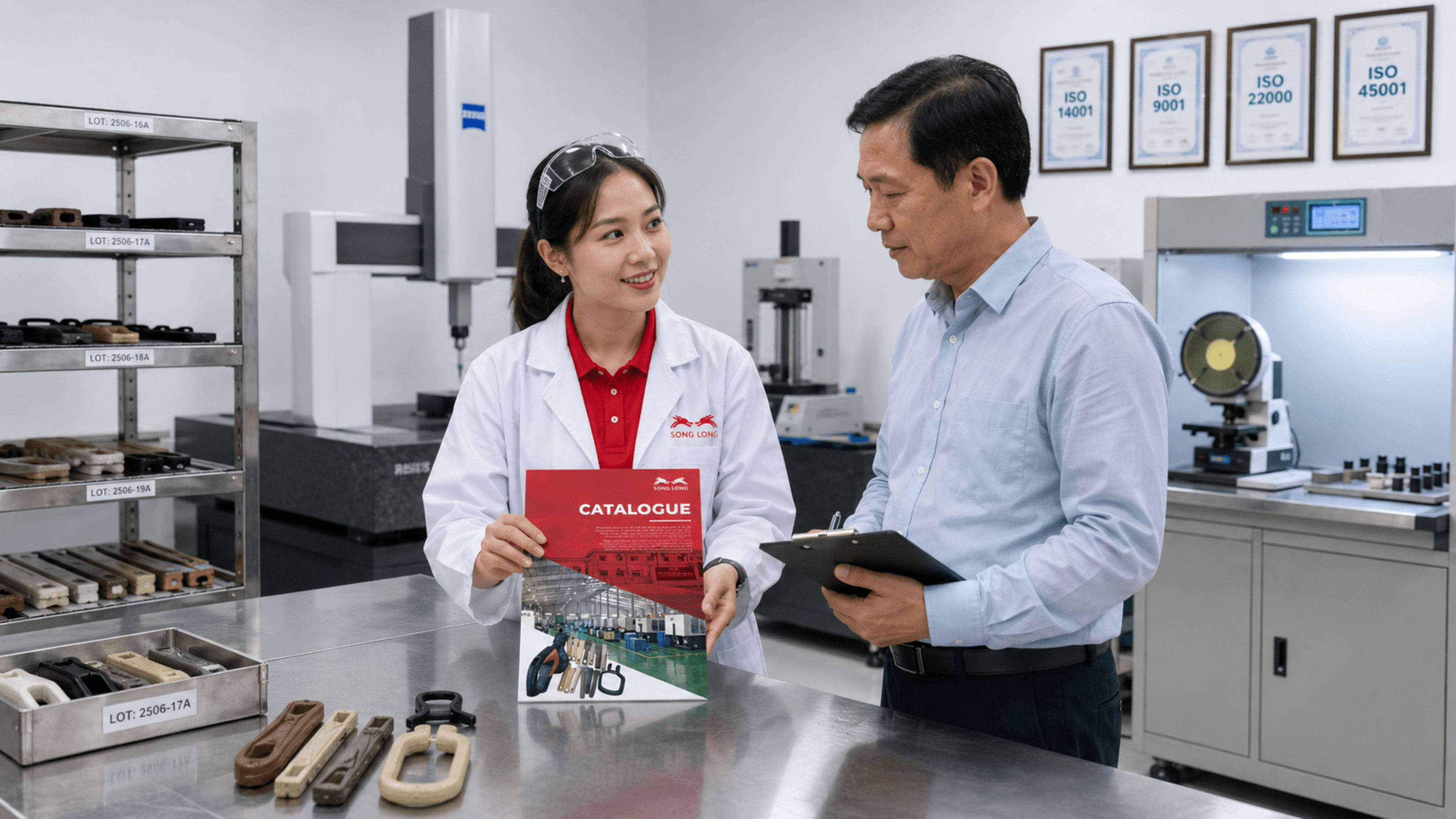 QC engineer presenting với auditor — CMM 3D + ISO certs trên tường