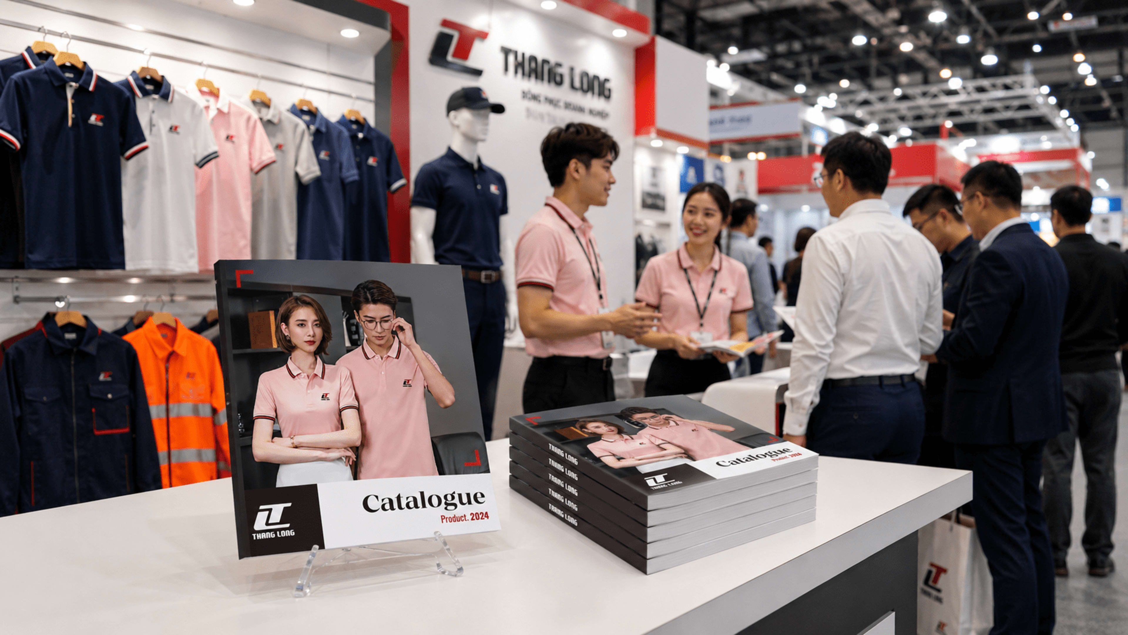 Booth hội chợ may mặc — easel stand + mannequin đồng phục