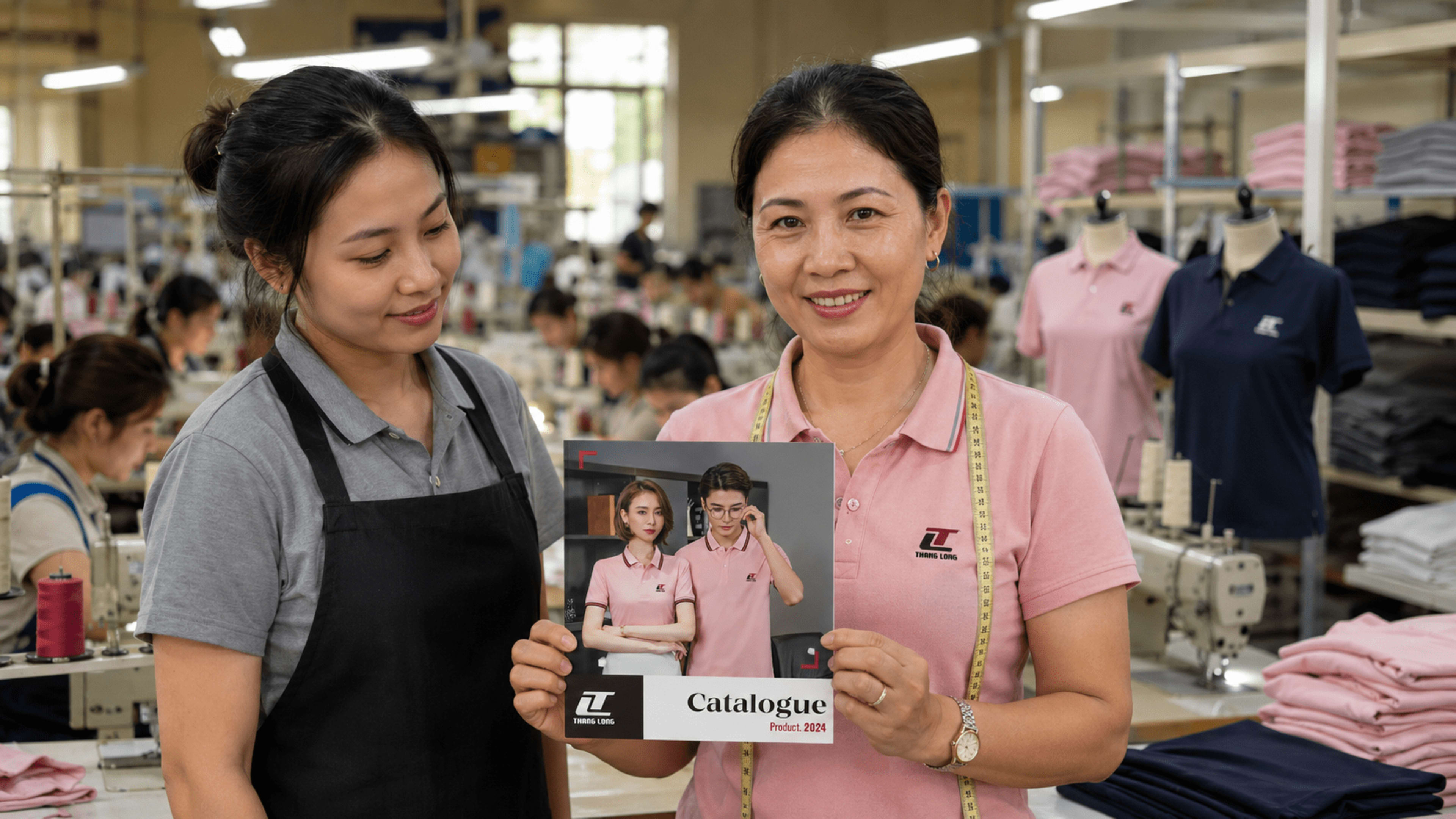 Walkthrough xưởng may — supervisor + thợ may bàn cắt vải