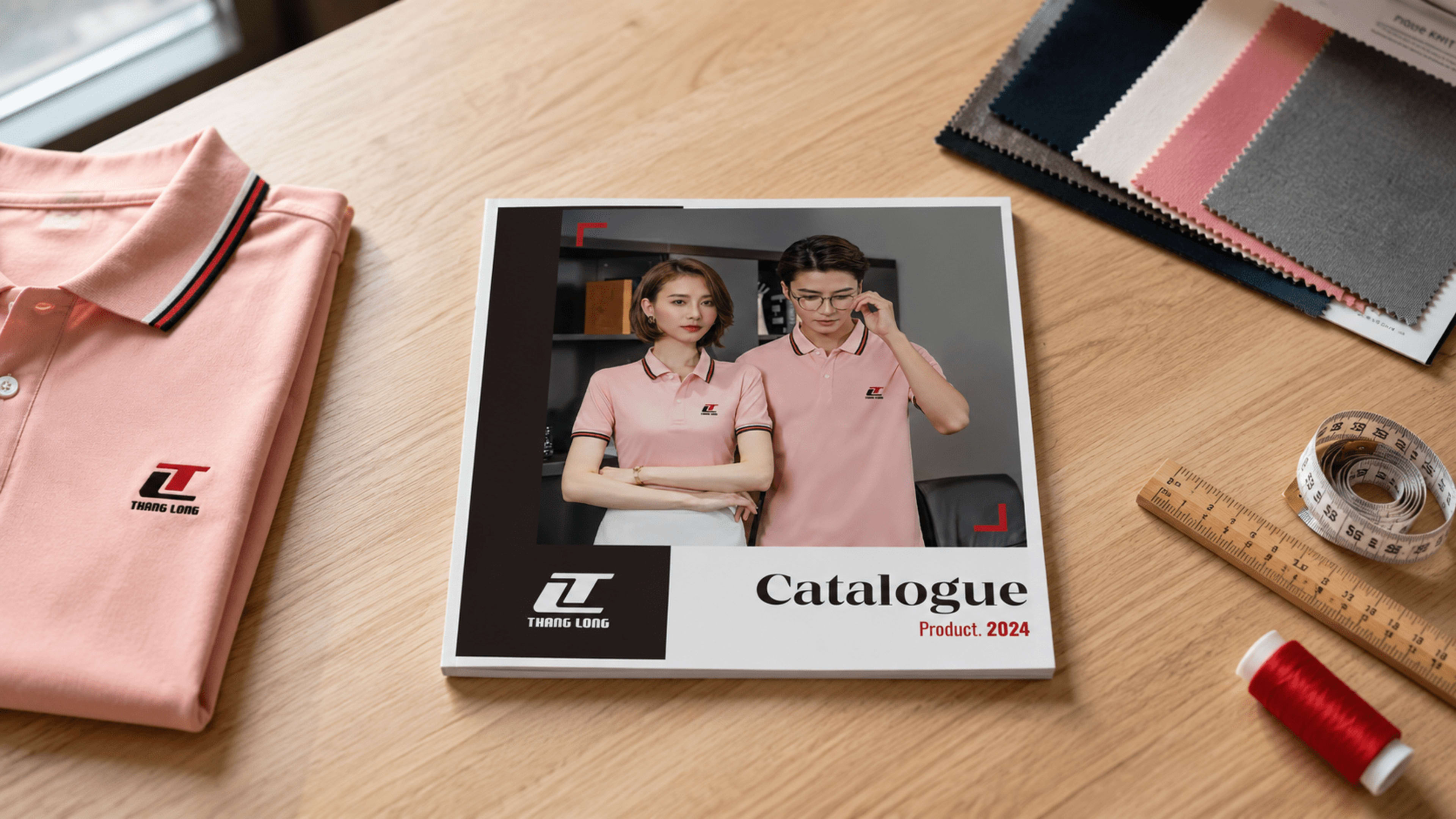 Bìa trước khổ vuông — logo Thăng Long đỏ-đen + "Catalogue Product 2024" + cặp đôi mẫu áo polo hồng đồng phục công sở + góc đỏ L-shape