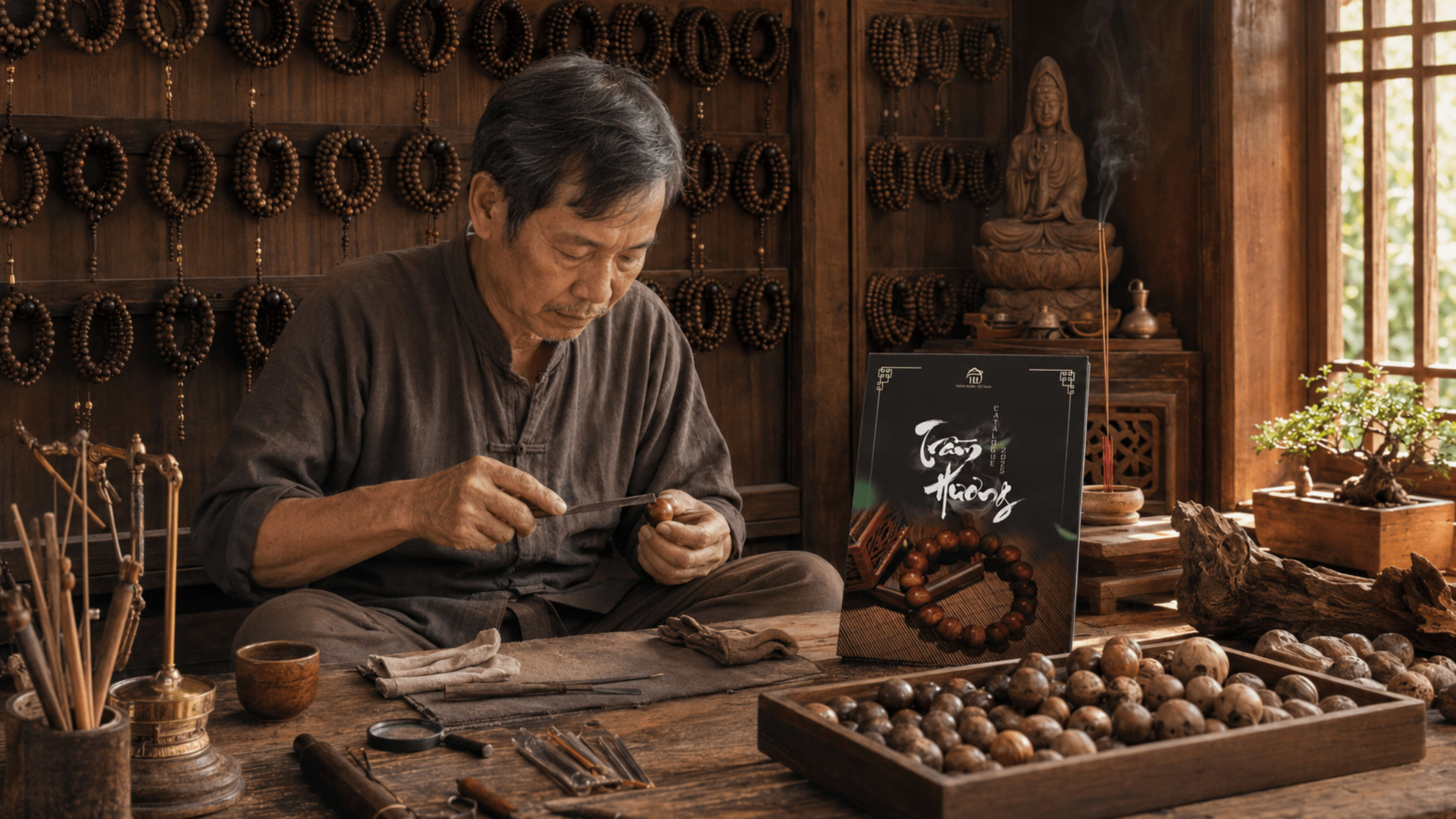Nghệ nhân chuốt hạt trầm tại workshop Diên Khánh