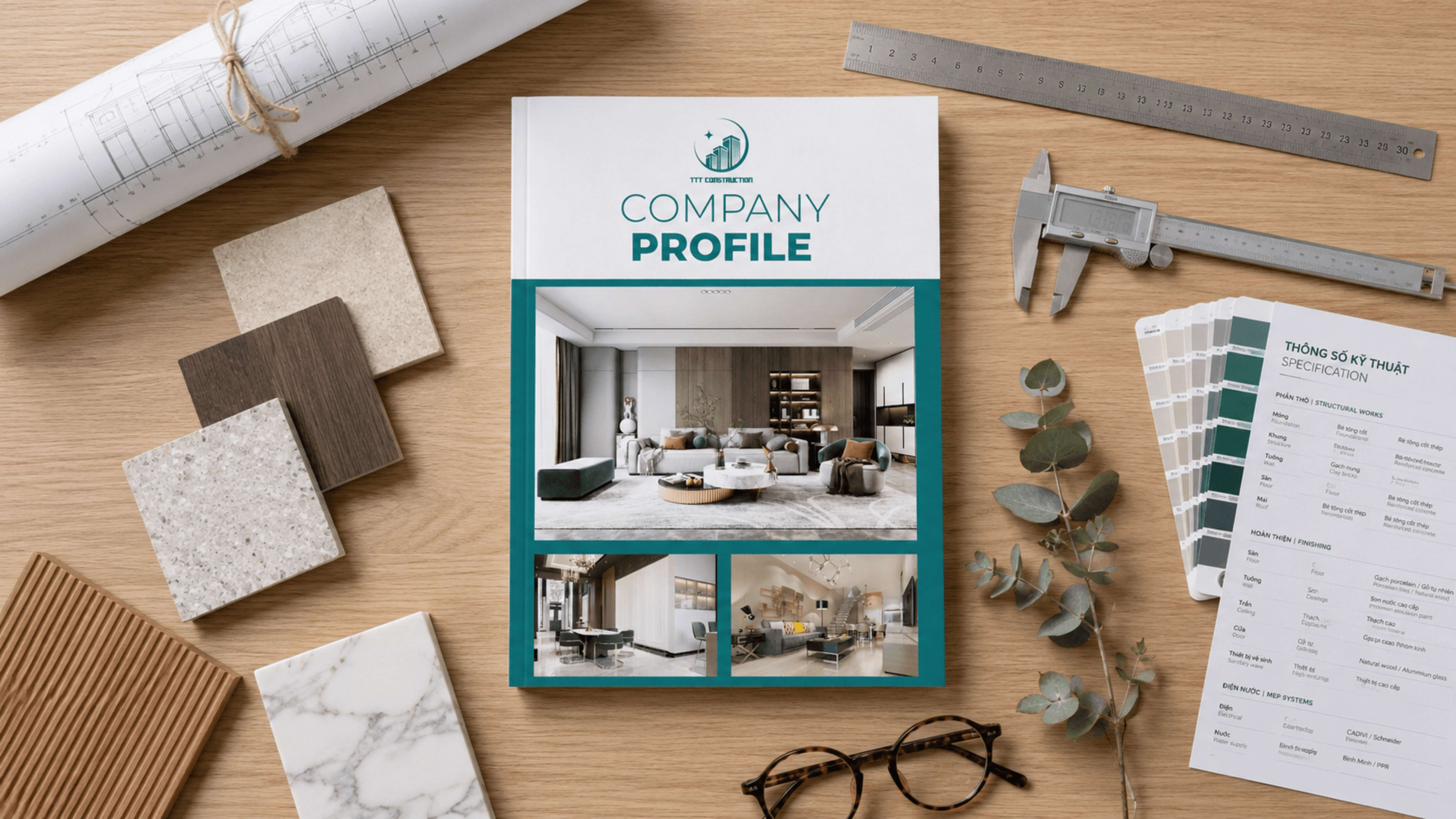Flat-lay editorial: profile + tile sample, oak veneer, marble