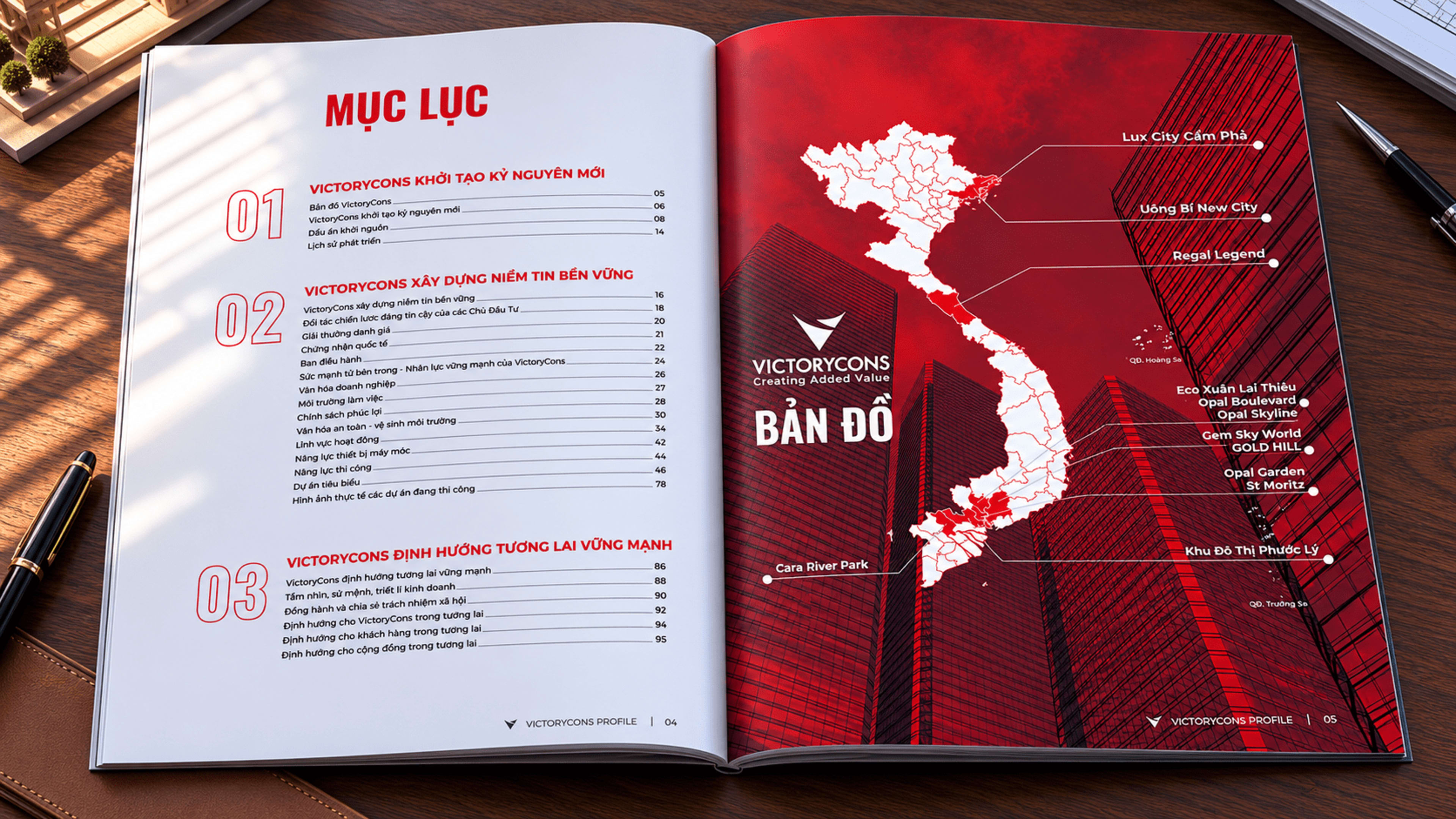 Mục lục 3 phần "Khởi tạo kỷ nguyên · Xây dựng niềm tin · Định hướng tương lai" + bản đồ Việt Nam đỏ chỉ 12+ dự án (LuxCity Cẩm Phả, Uông Bí New City, Regal Legend, Gem Sky World, Cara River Park, Opal Garden, St Moritz, Phước Lý)