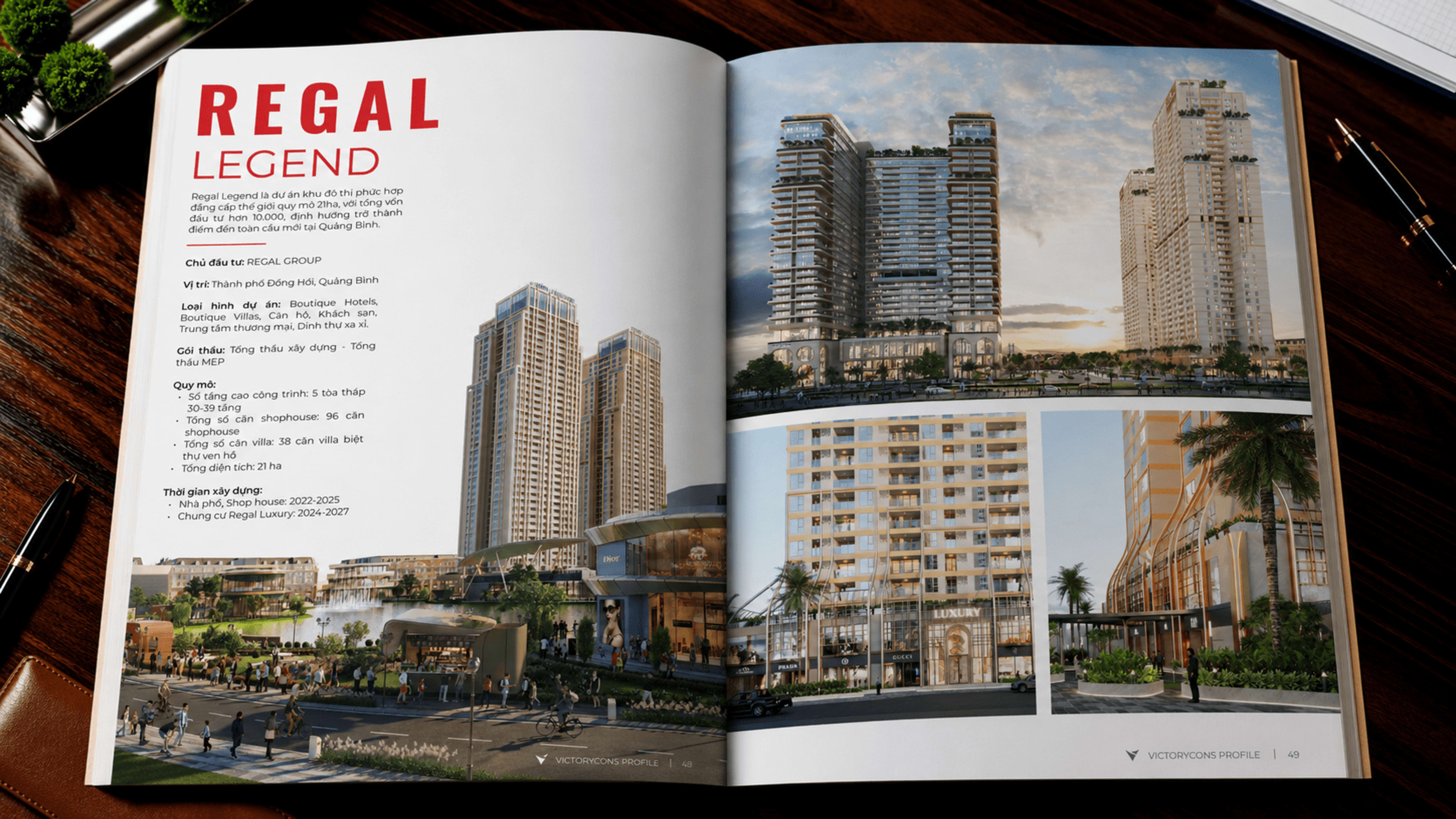 REGAL LEGEND — chủ đầu tư REGAL GROUP, dự án khu đô thị phức hợp đẳng cấp thế giới quy mô 21ha tại TP. Đồng Hới Quảng Bình, tổng vốn 10.000 tỷ, 5 tòa tháp 30-39 tầng + 96 shophouse + 38 villa biệt thự ven hồ, gói thầu Tổng thầu xây dựng + MEP, ảnh aerial dự án hoàng hôn