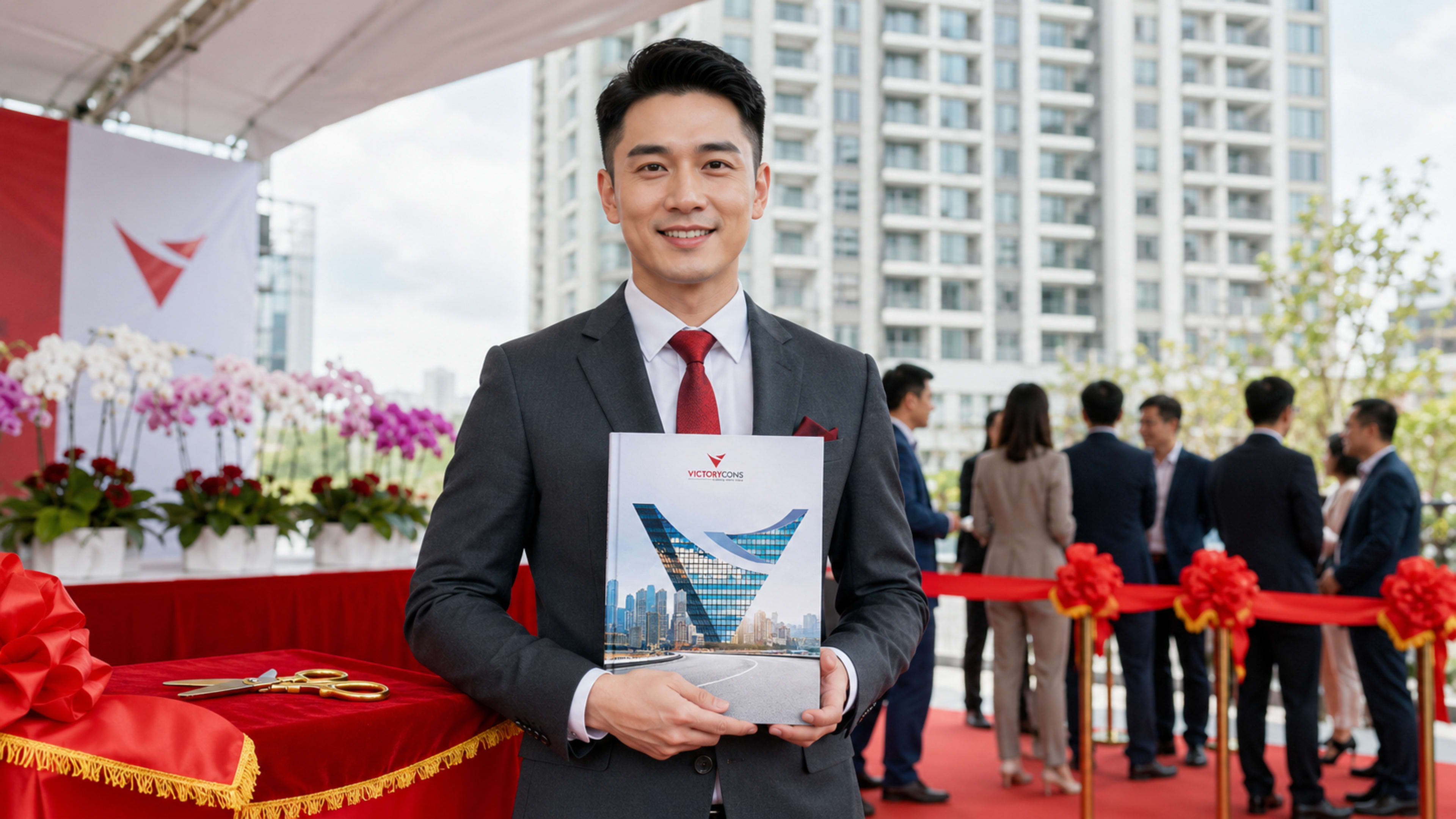 Lễ khánh thành cao ốc — MC trao quà chủ đầu tư dưới lều trắng