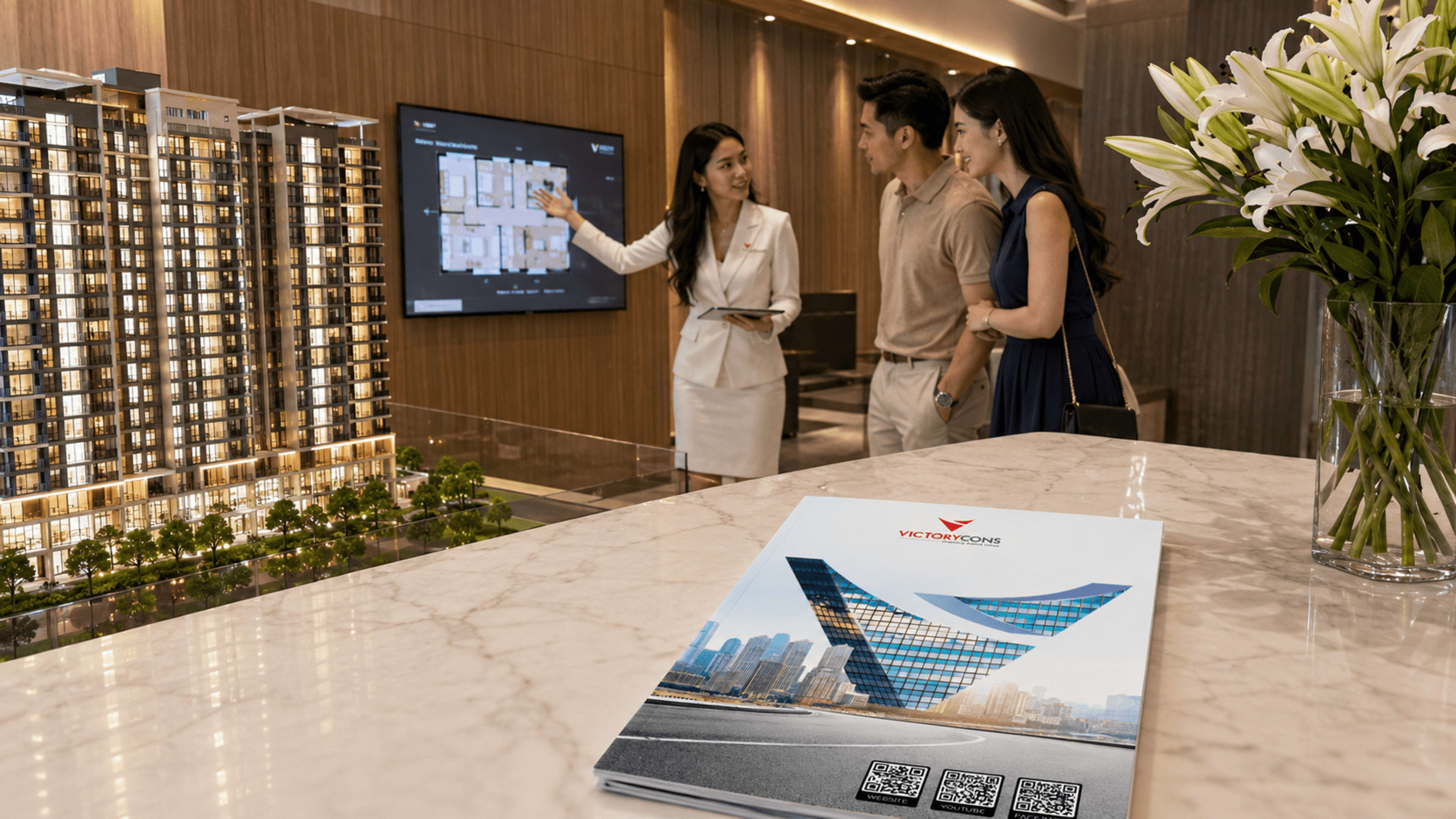 Showroom bán nhà — sales tư vấn vợ chồng khách + mô hình cao ốc