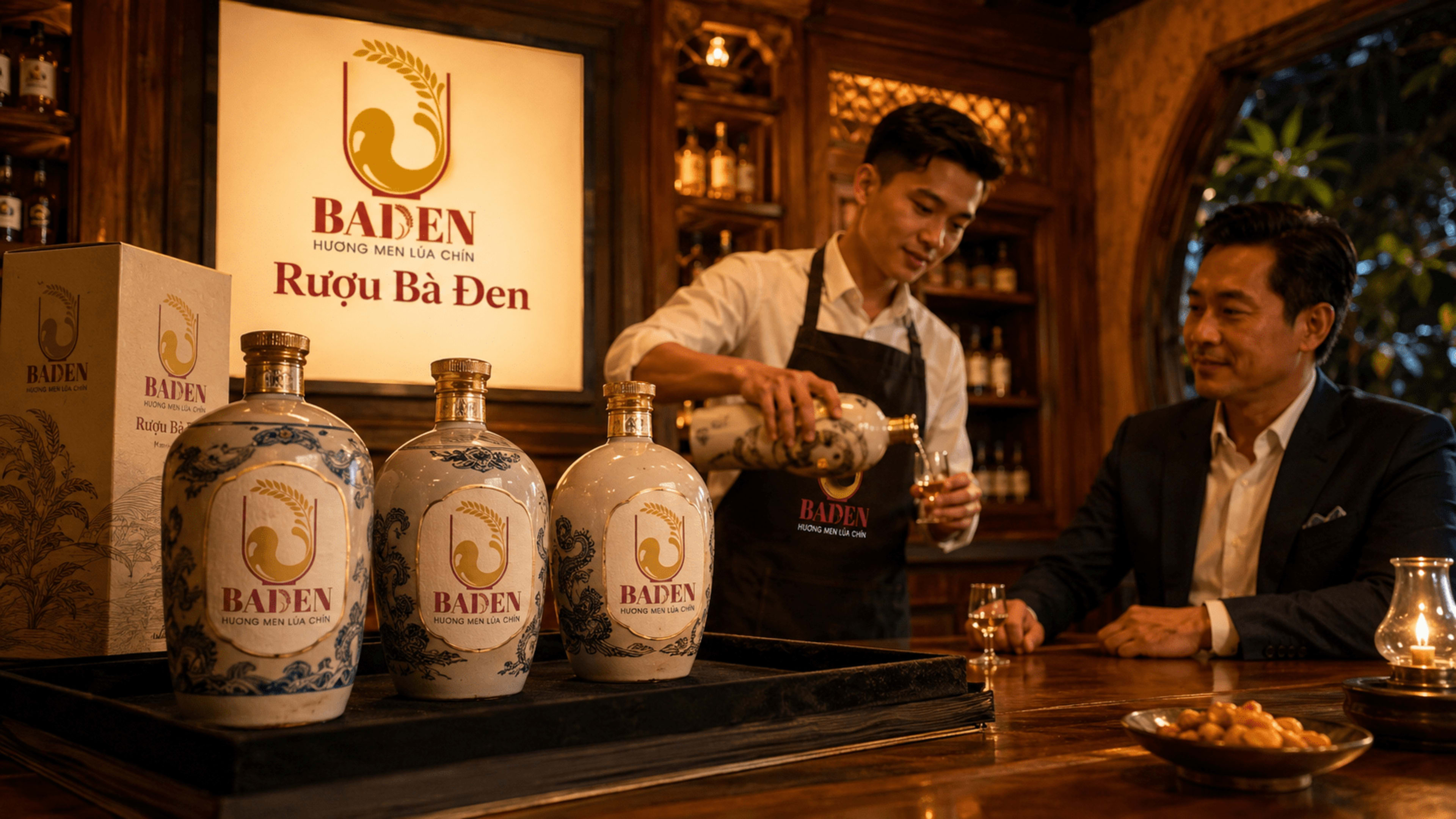 Bộ nhận diện Rượu Bà Đen trong đời sống thương hiệu.