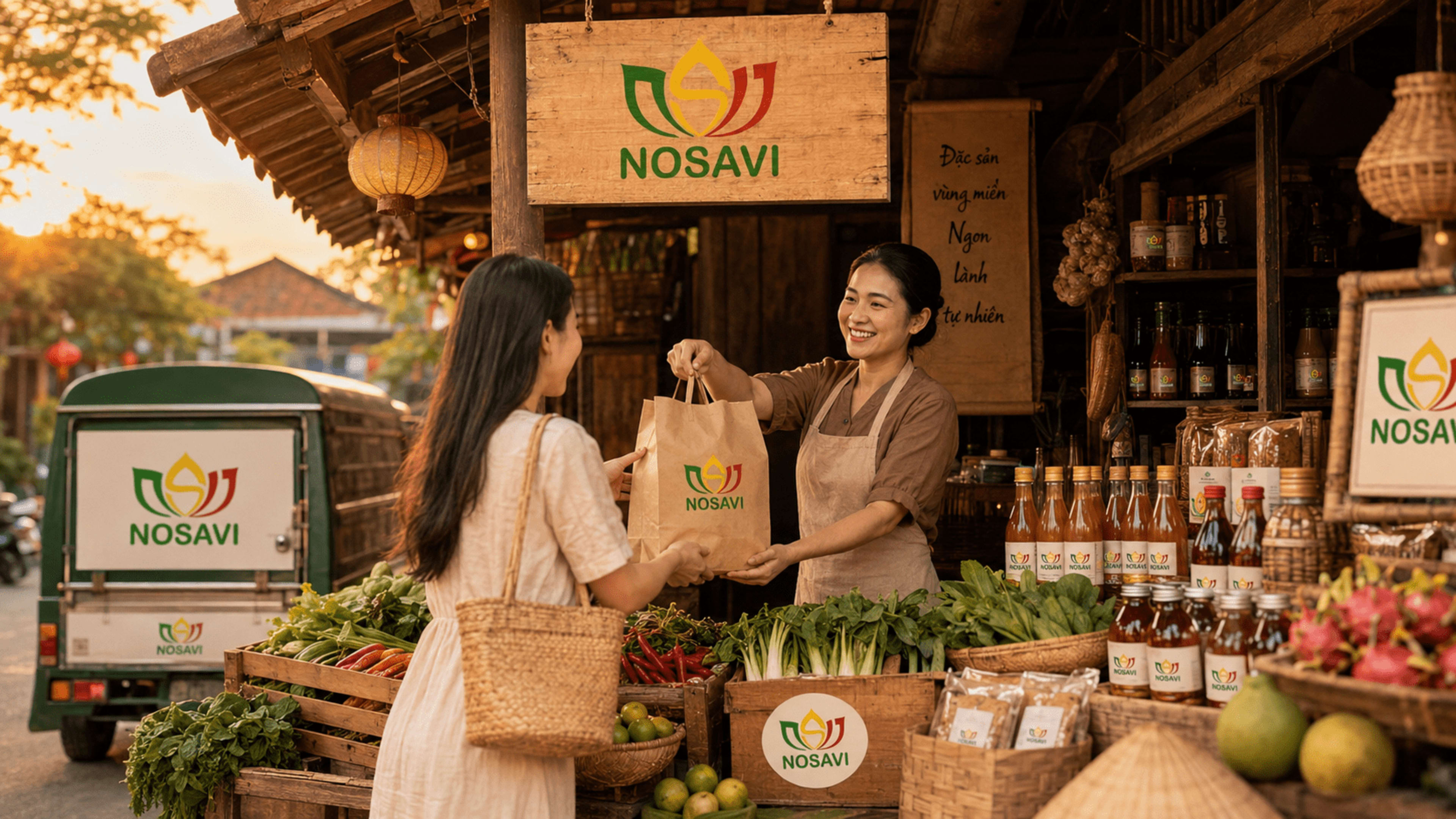 Bộ nhận diện Nosavi trong đời sống thương hiệu.