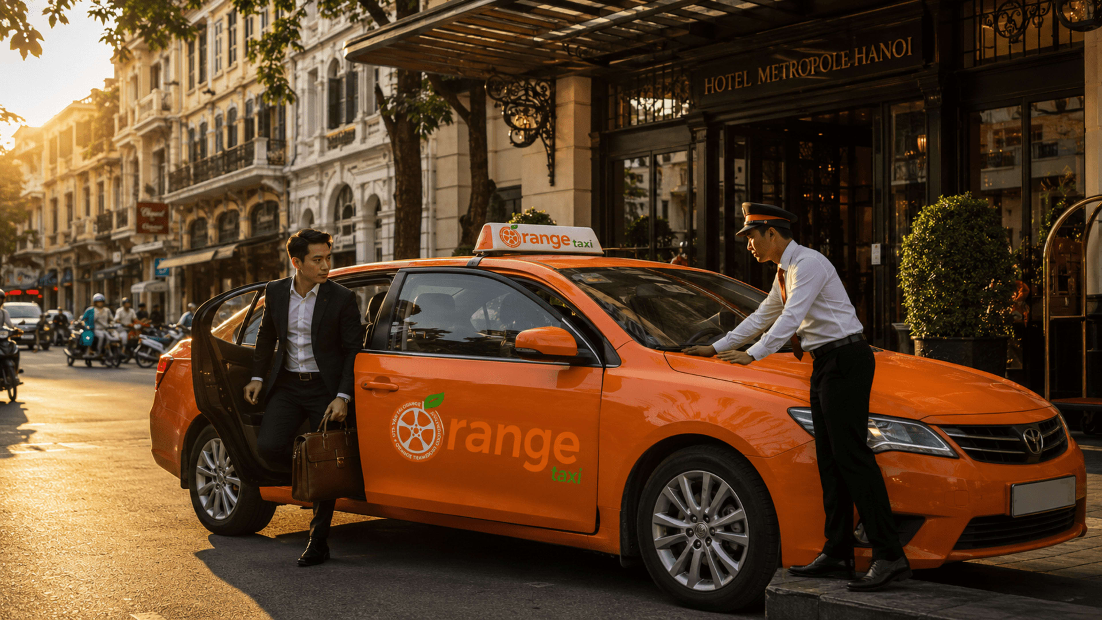 Bộ nhận diện Orange Taxi trong đời sống thương hiệu.