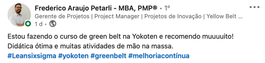 Frederico Petarli · MBA PMP · Green Belt Yokoten