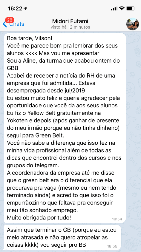 Aline · contratada após entrevista usando o curso