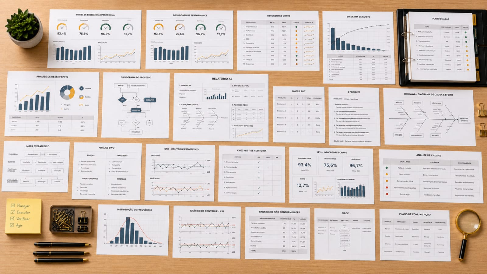 40+ ferramentas prontas: dashboards, A3, Ishikawa, GUT, SIPOC, Gantt, planos de ação e mais