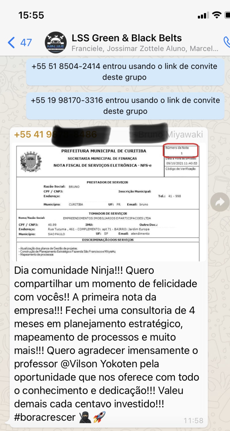 Aluna · consultoria fechada após o curso, primeira nota da empresa
