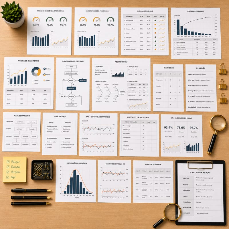 40+ ferramentas prontas: dashboards, A3, Ishikawa, GUT, SIPOC, Gantt, planos de ação e mais