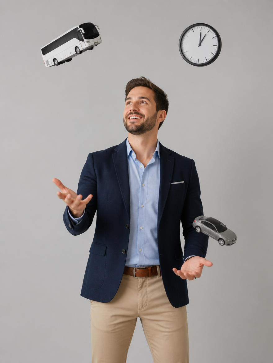 Businessperson juggling a bus, car and clock, representing coordinated Alberta and British Columbia transportation logistics