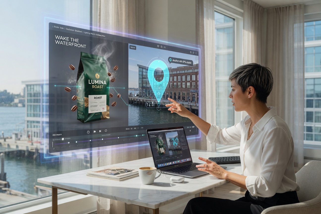 Advertiser building 3D AR ad on holographic interface