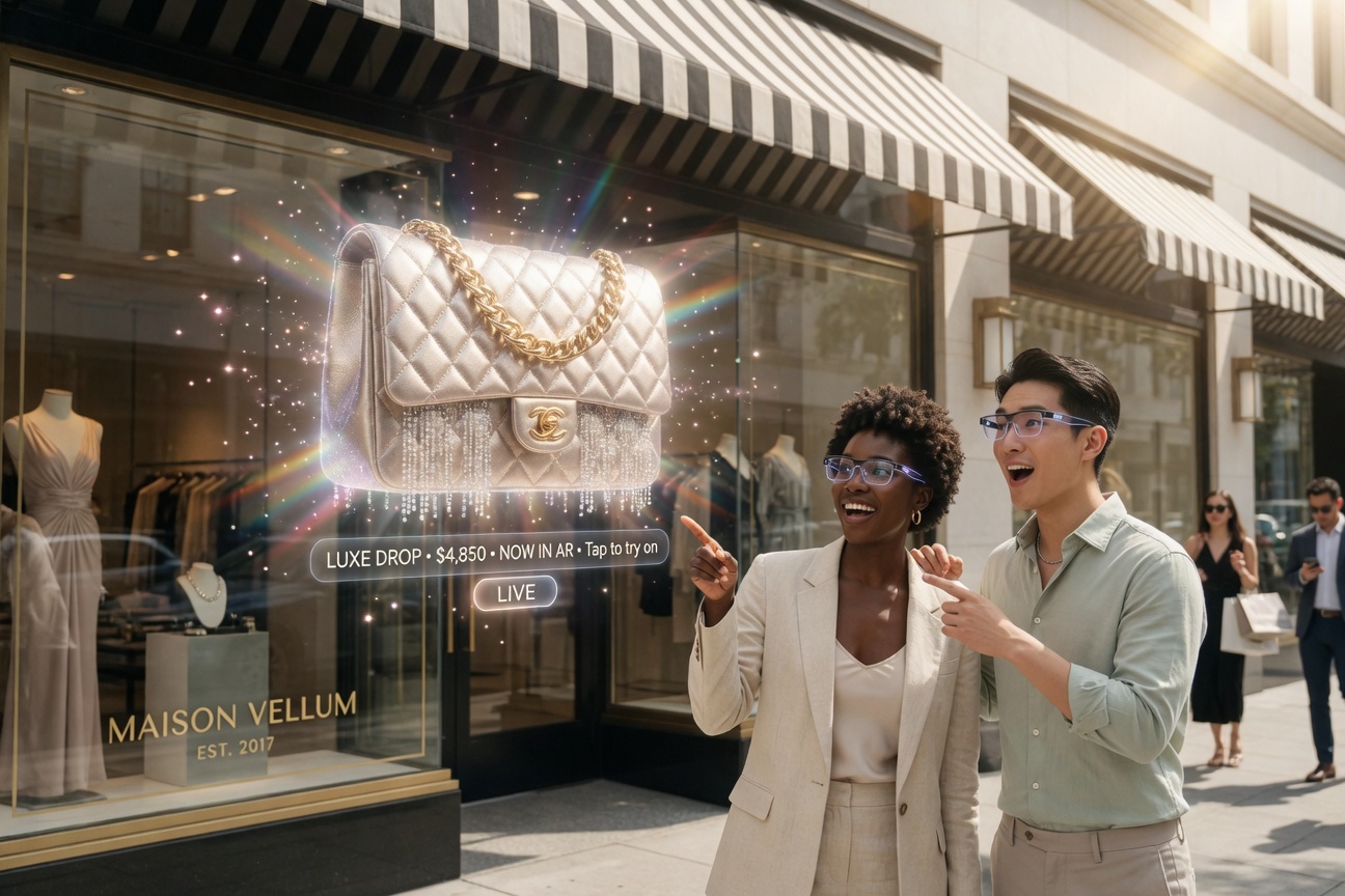 People wearing AR glasses interacting with holographic ad anchored to real building