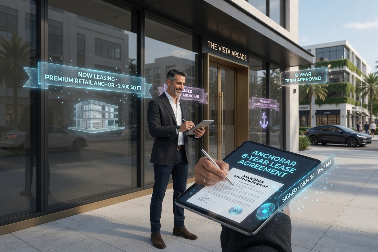 Property owner signing AnchorAR lease with AR overlays