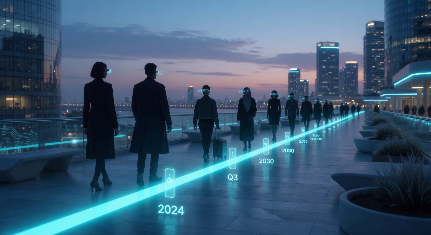 Silhouettes of people in AR glasses walking along glowing cyan timeline