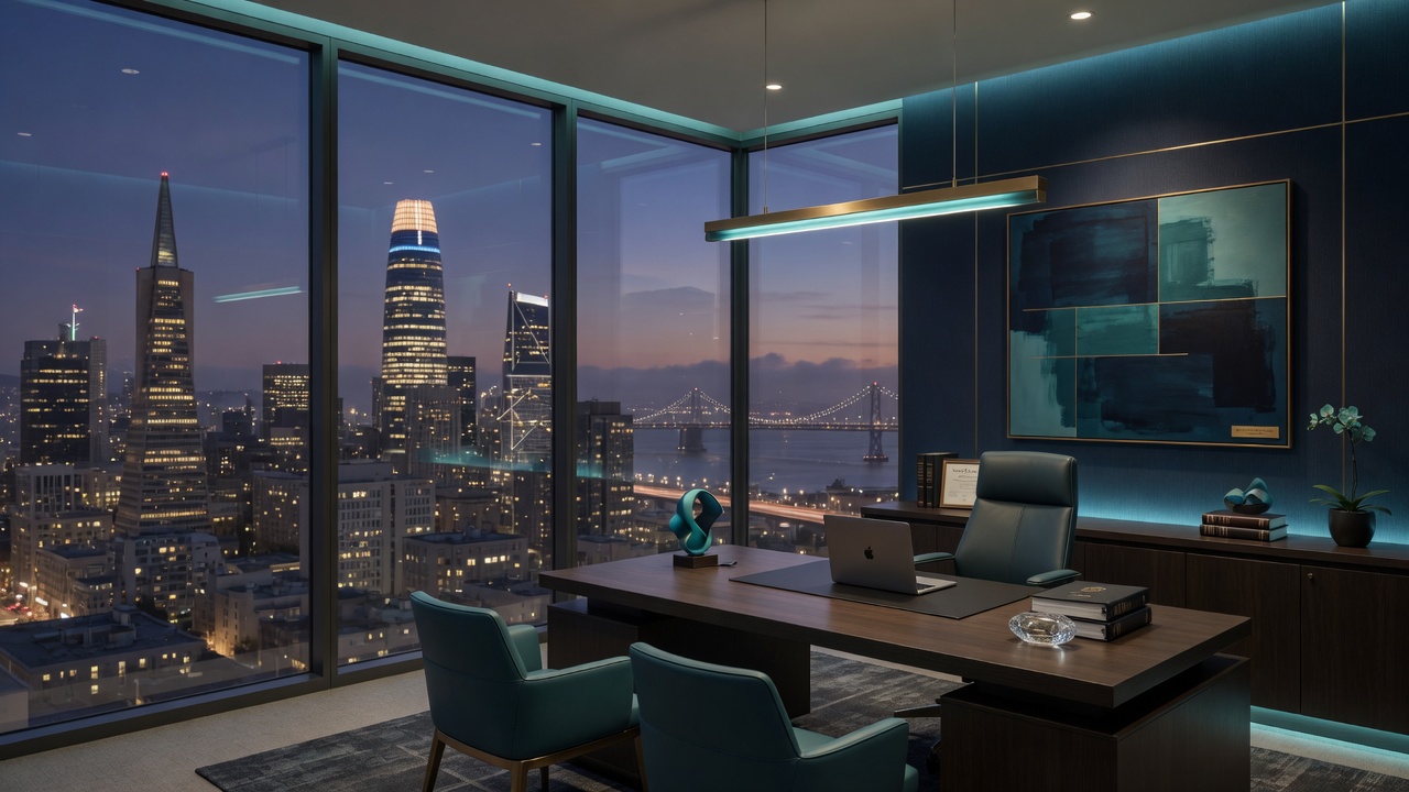 Premium modern law firm office interior with San Francisco skyline