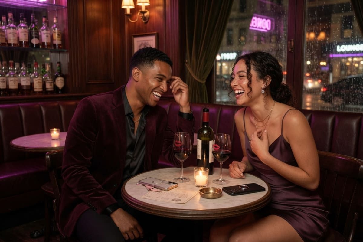 Intimate, joyful premium photograph of two stylish young adults laughing with genuine chemistry in an upscale speakeasy — the authentic human connection FlirtFee makes possible