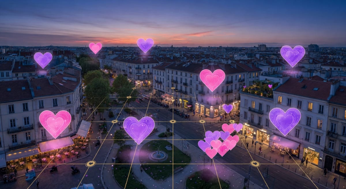 Premium artistic visualization of a city district with glowing purple-pink heart beacons representing nearby people on a subtle map
