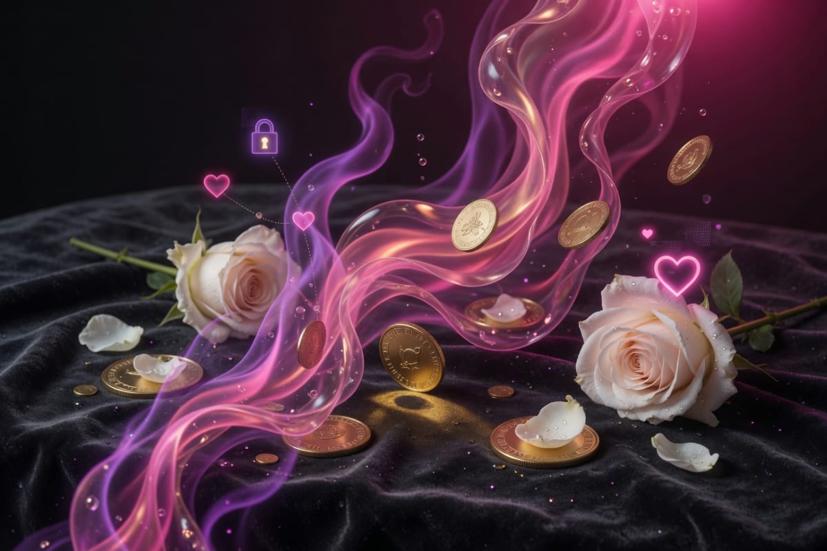 Luxurious abstract representation of value exchange — flowing purple-pink light, golden coins, hearts, and roses