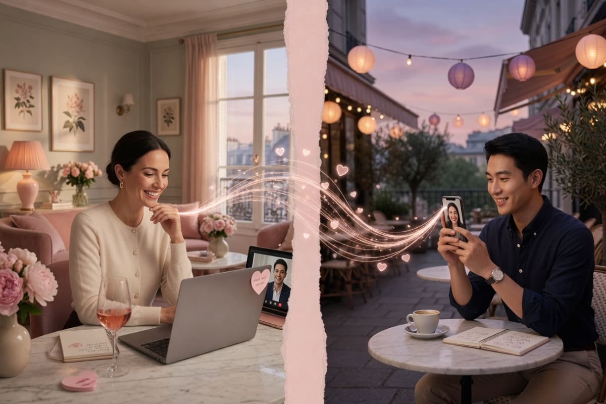 Elegant conceptual diptych: woman on video call in a beautiful apartment connected by glowing thread to a man at a cafe, conveying safety, consent and excited anticipation