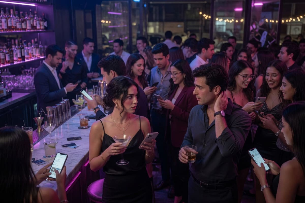 Crowded modern bar scene capturing the quiet tragedy of missed connections and hesitation