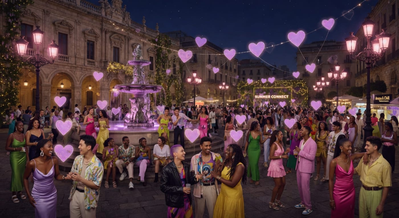 Epic cinematic vision of a vibrant diverse crowd in a city square at night, connected by a constellation of glowing hearts