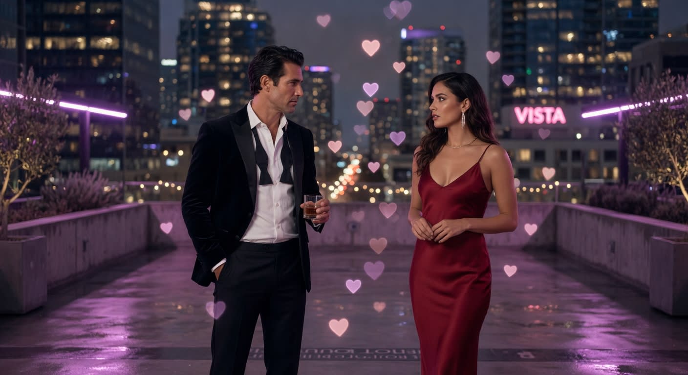 Cinematic city night rooftop moment with subtle chemistry and glowing hearts