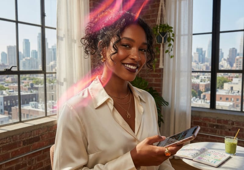 Empowered young woman host portrait, stylish loft, pink-purple flare