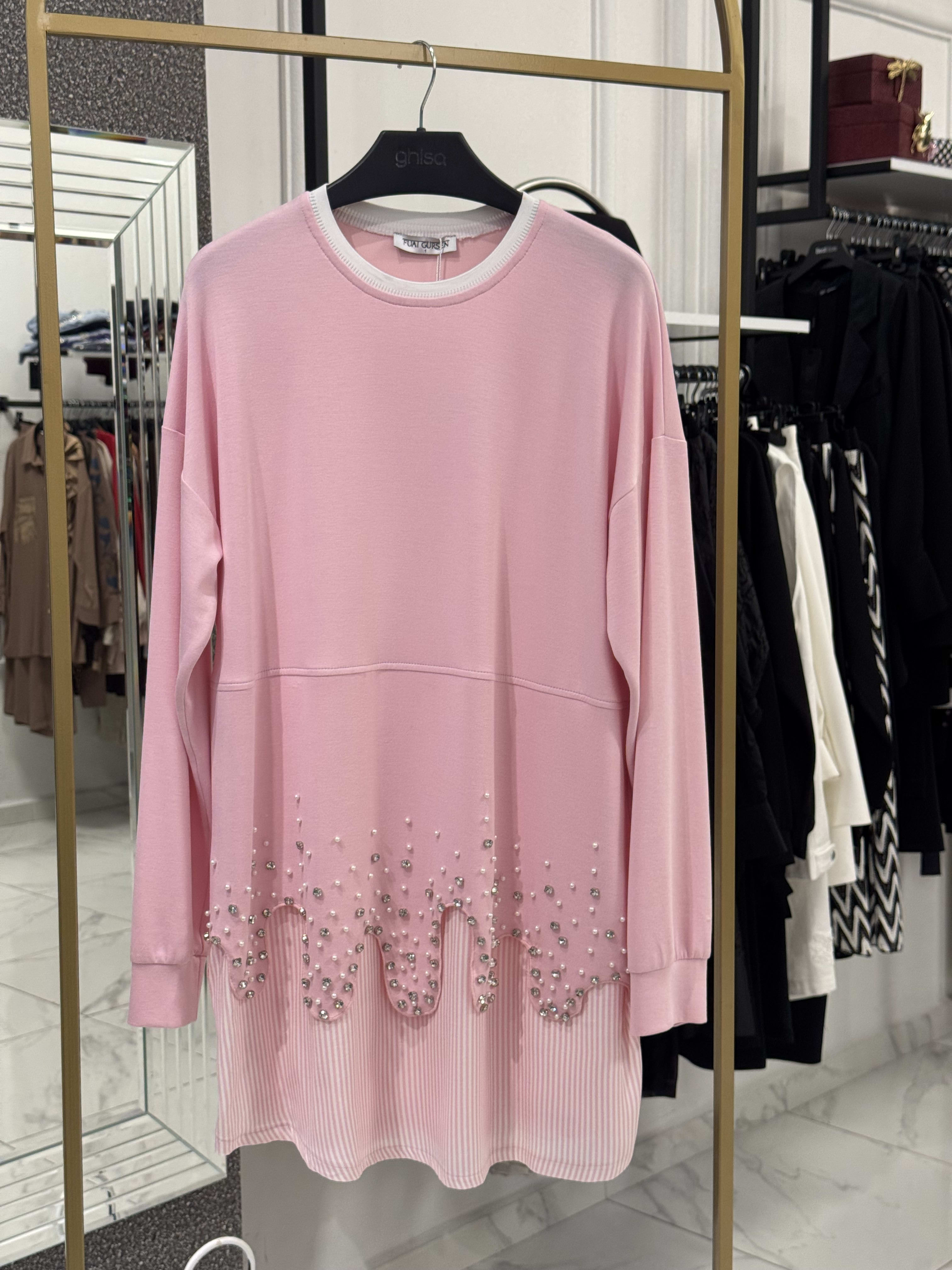 Etek Ucu Taş Detaylı Tunik - Pembe