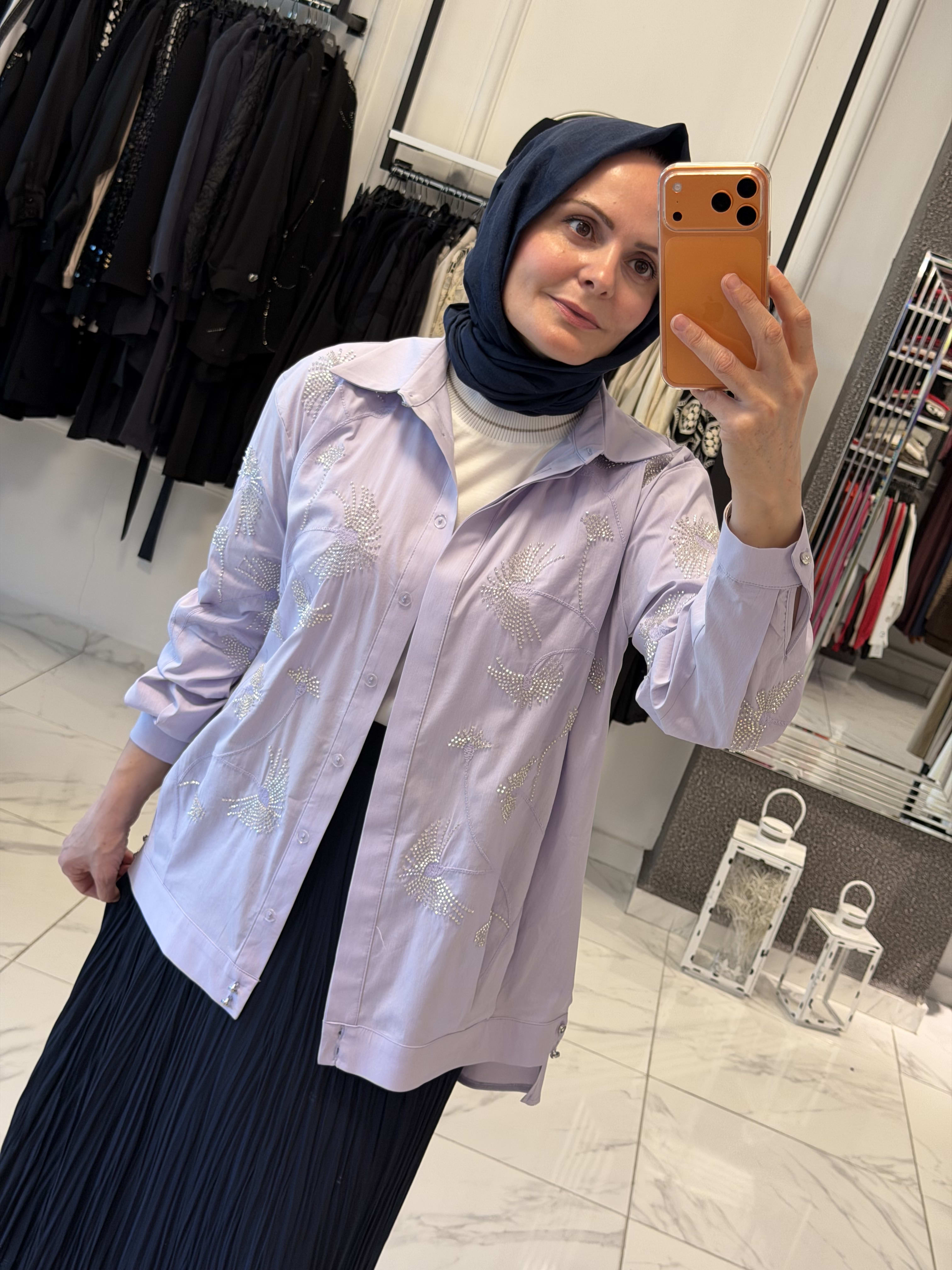 Boncuklu Nakışlı Gömlek - Lila