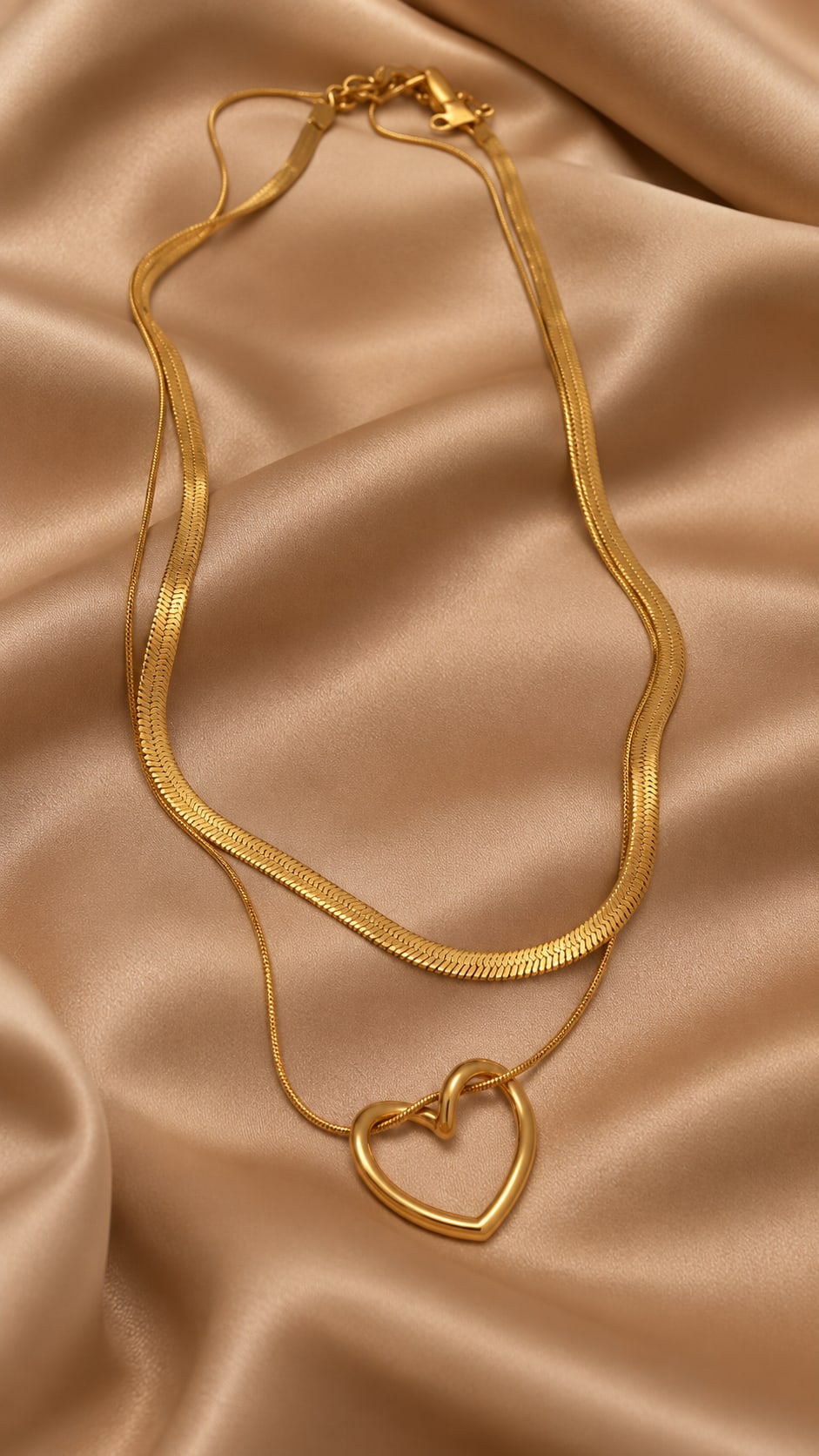 Collier Double Chaîne Cœur Doré en Acier Inoxydable