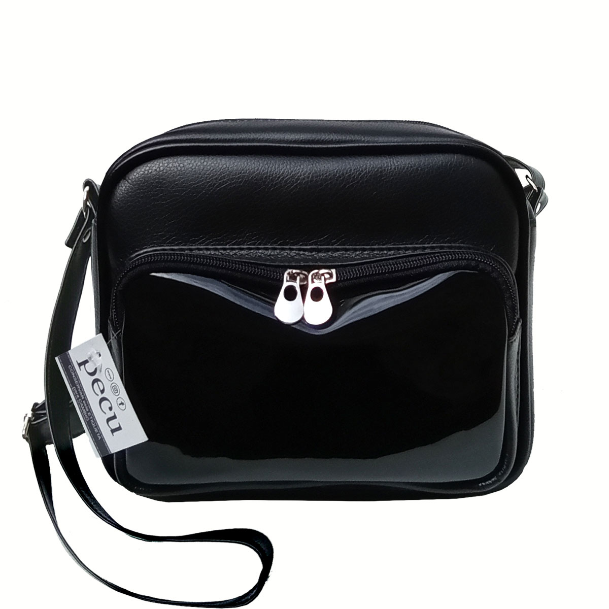 Cartera Bandolera Cuero Eco Bolsillos | Negro/Charol