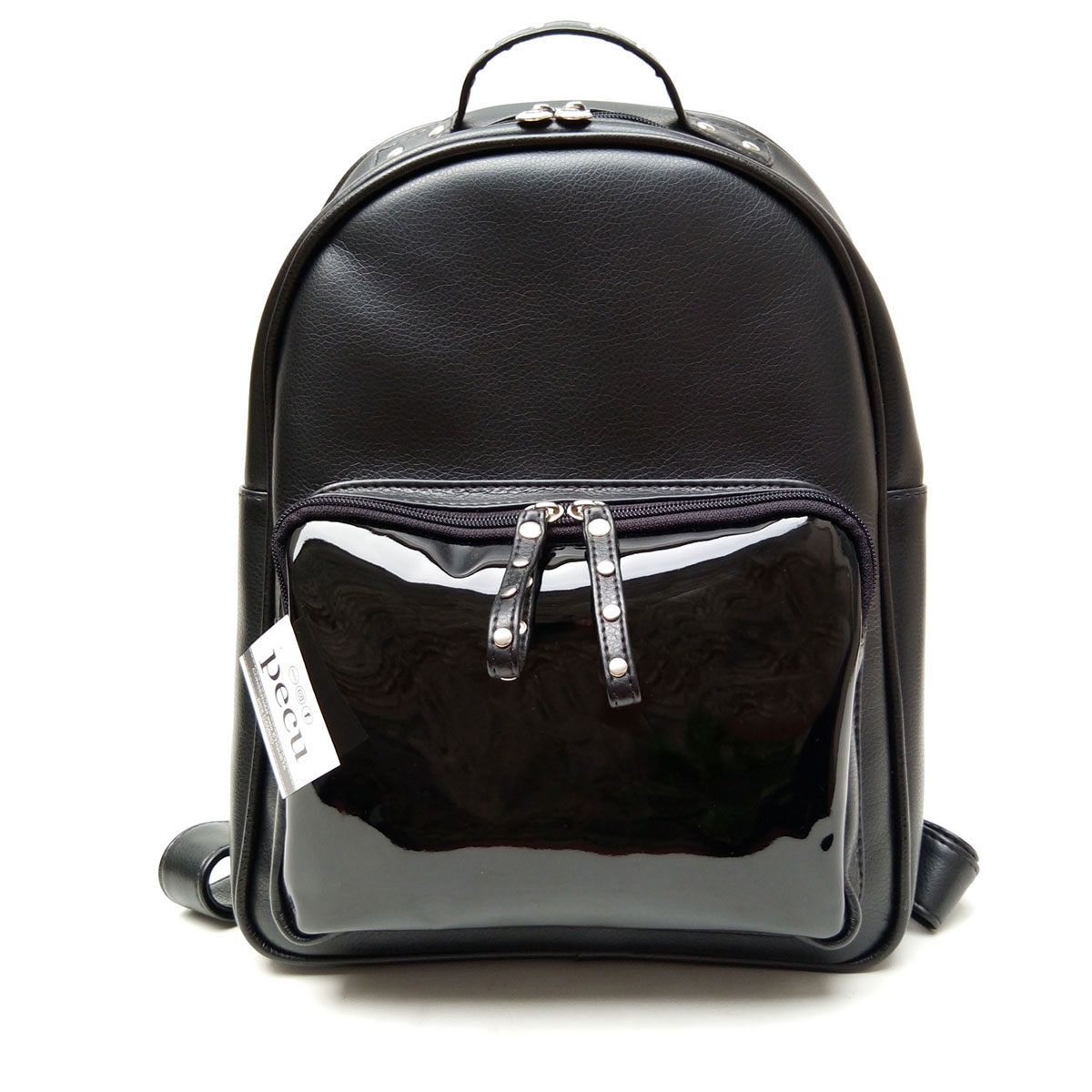 Mochila Xl Cuero Eco Bolsillo Tachitas | Negro/Charol