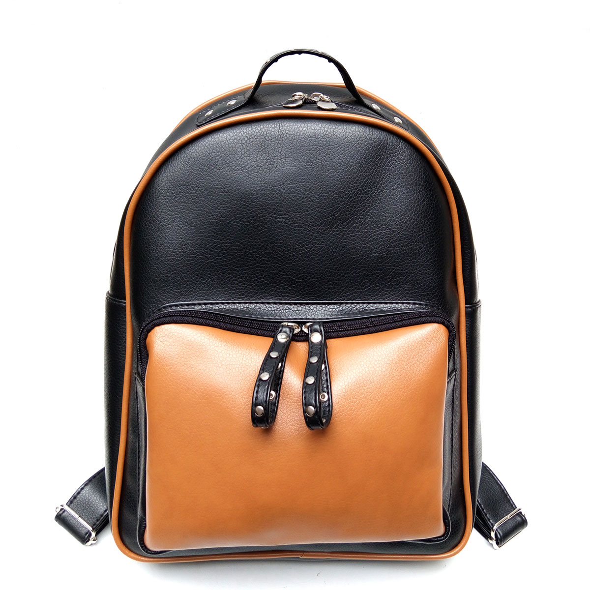 Mochila Xl Cuero Eco Bolsillo Tachitas | Negro/Suela