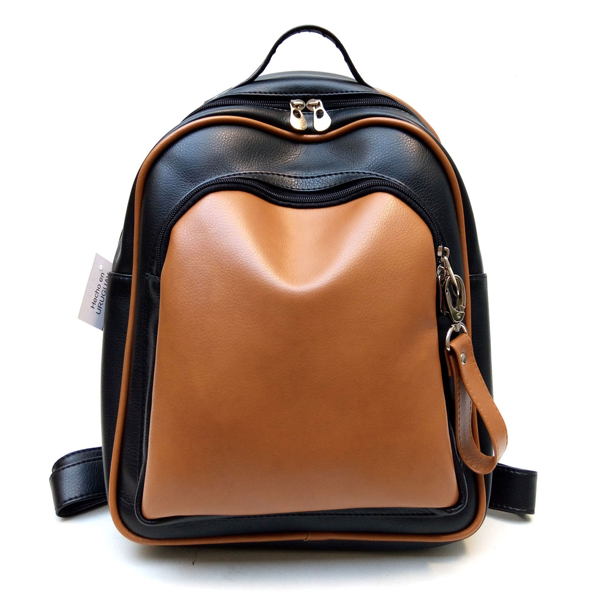 Mochila Xl Cuero Eco Bolsillo Tirador | Negro/Suela