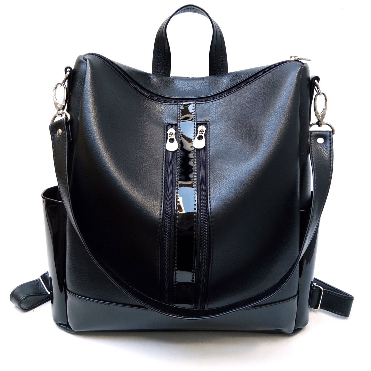 Cartera Mochila Bolso Cuero Eco Doble Cierre | Negro/Charol