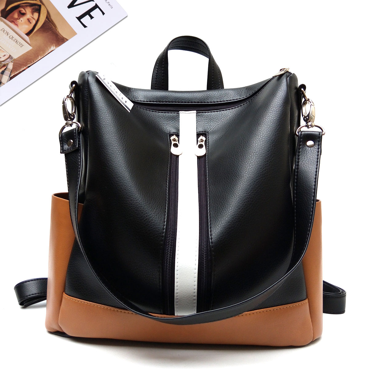 Cartera Mochila Bolso Cuero Eco Doble Cierre